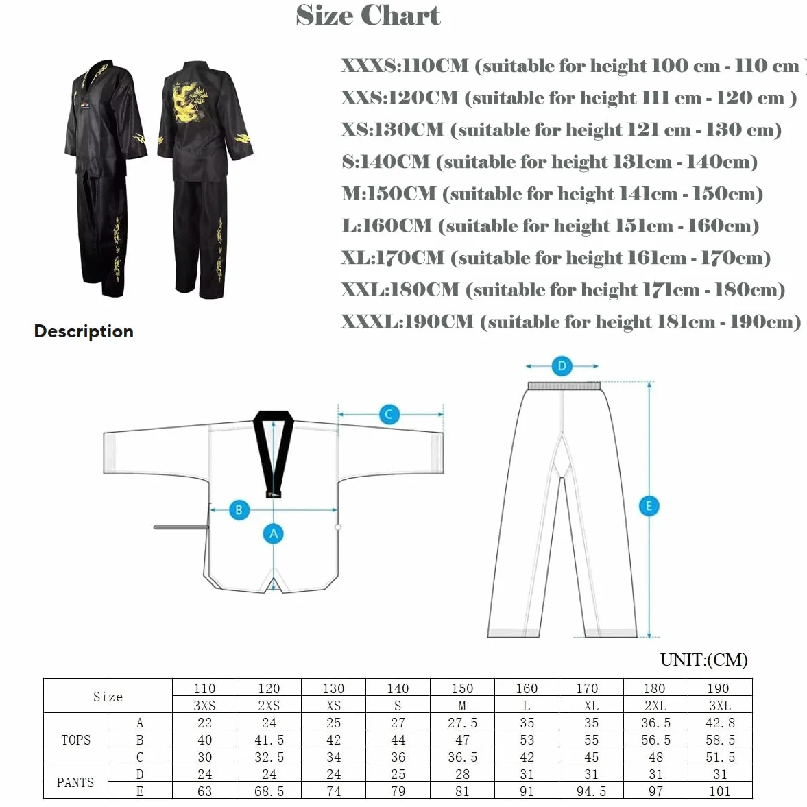 Taekwondo Gi Set Dobok Standard Uniform TKD Traje con cinturón 150 cm