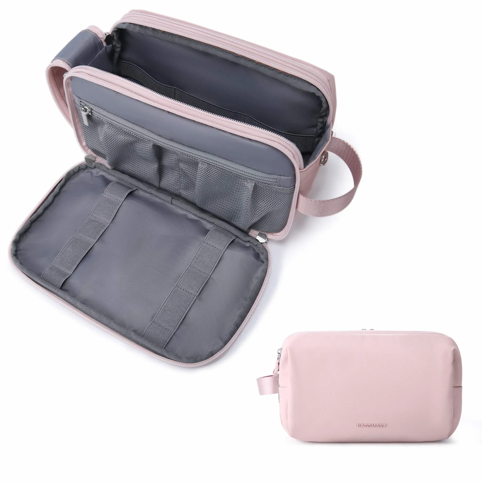 BAGSMART Neceser para Viaje Hombres y Mujer, Neceser Maquillaje Impermeable con Doble Cremallera, Bolsa de Afeitar, Gran Espacio de Almacenamiento, 5 L, Rosa, M