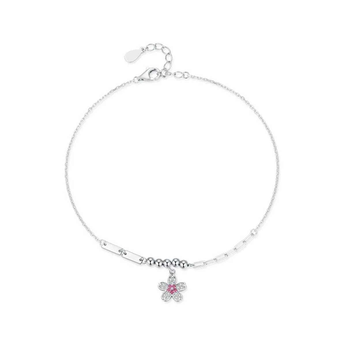 Pulsera para Mujer de Oro Blanco 9Kilates / 14Kilates / 18Kilates, Flor con Zafiro Rosa y Diamante, Cadena Extensible 16 CM + 5 CM, Pulseras Mujer Ajustable Plata Rosa