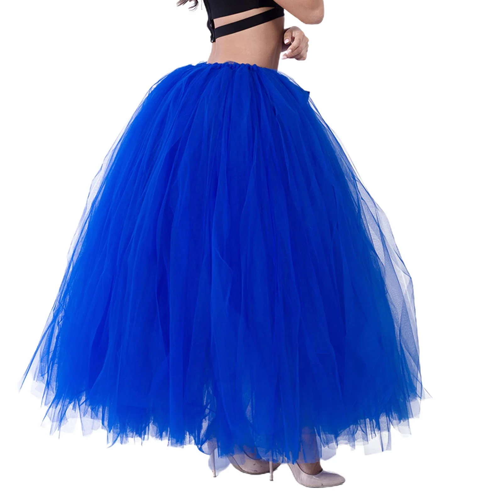 Falda larga tutú de cintura alta con capas de tul maxi faldas hinchadas hasta el suelo, boda, fiesta, con cinturón Bowknot, zafiro, Talla única
