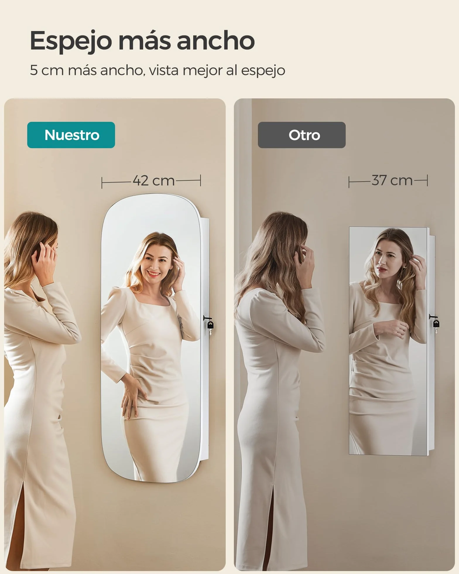 SONGMICS Armario para Joyas, Espejo Joyero de Pared, Organizador con Luz LED y Cerradura, Varios Compartimentos, para Pendiente, Collar, Superficie Blanca y Forro Gris Beige JJC026W01