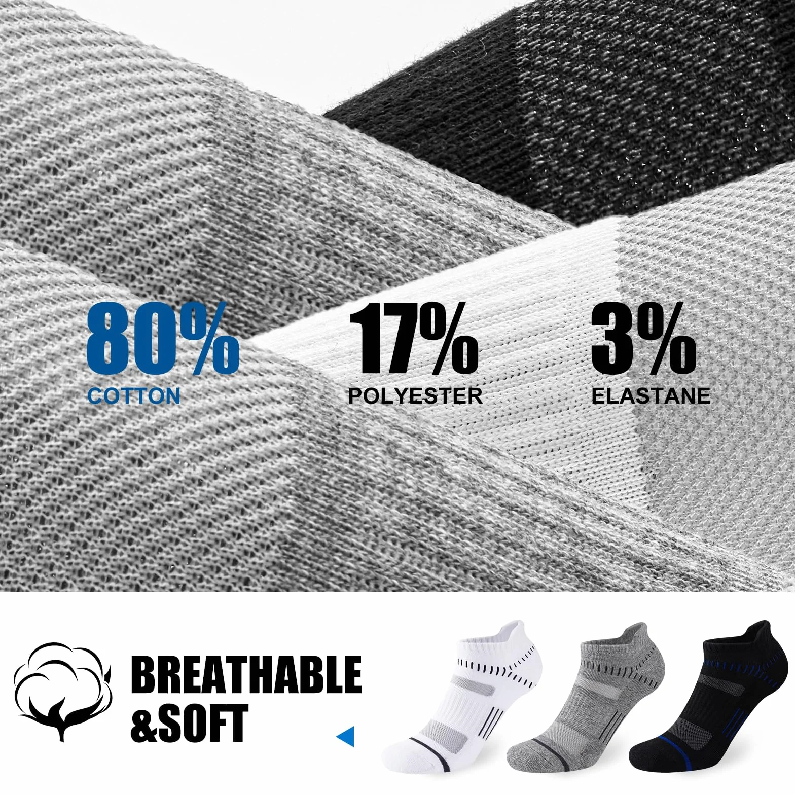 Calcetines Hombre Deporte 6 Pares, Cortos Amortiguados, Algodón Transpirable Secado Rápido, Running Caminar Senderismo, Negro/Blanco/Gris