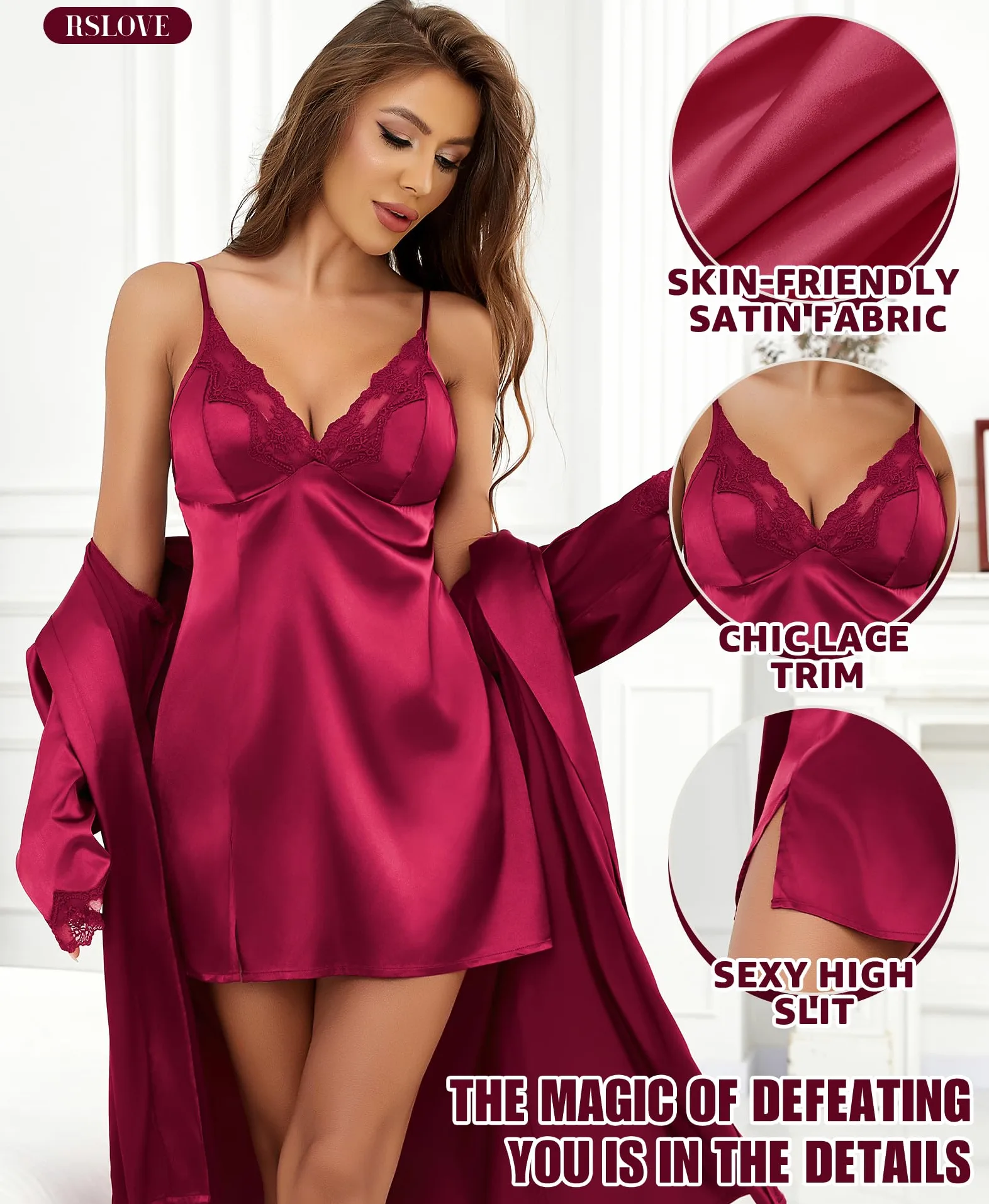 Conjunto de Camisola y Bata de satén: camisón de lencería de Encaje con Bata a Juego, Ropa de Dormir Sexy para Dama de Honor o Luna de Miel