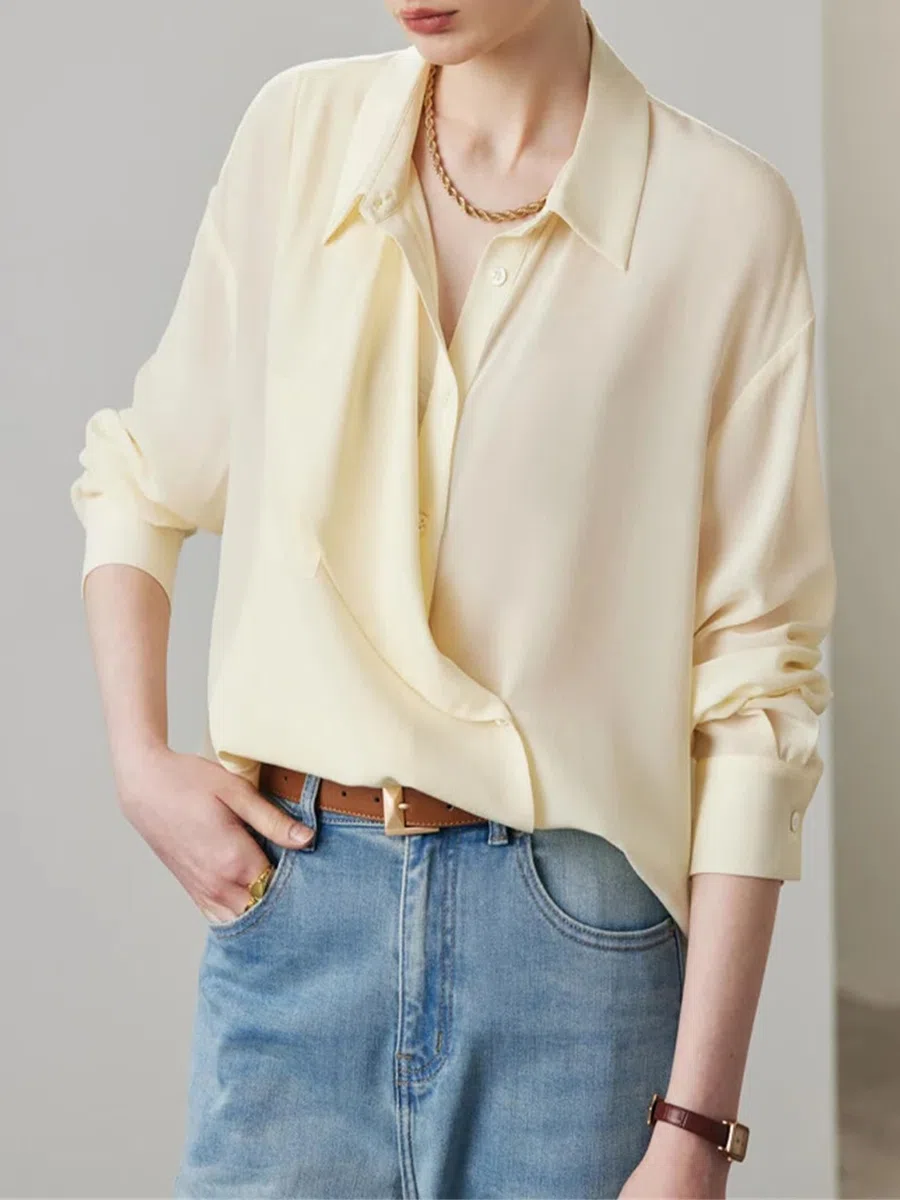 Blusa de seda lisa para mujer, cuello abatible, elegante, informal, con botones, de seda