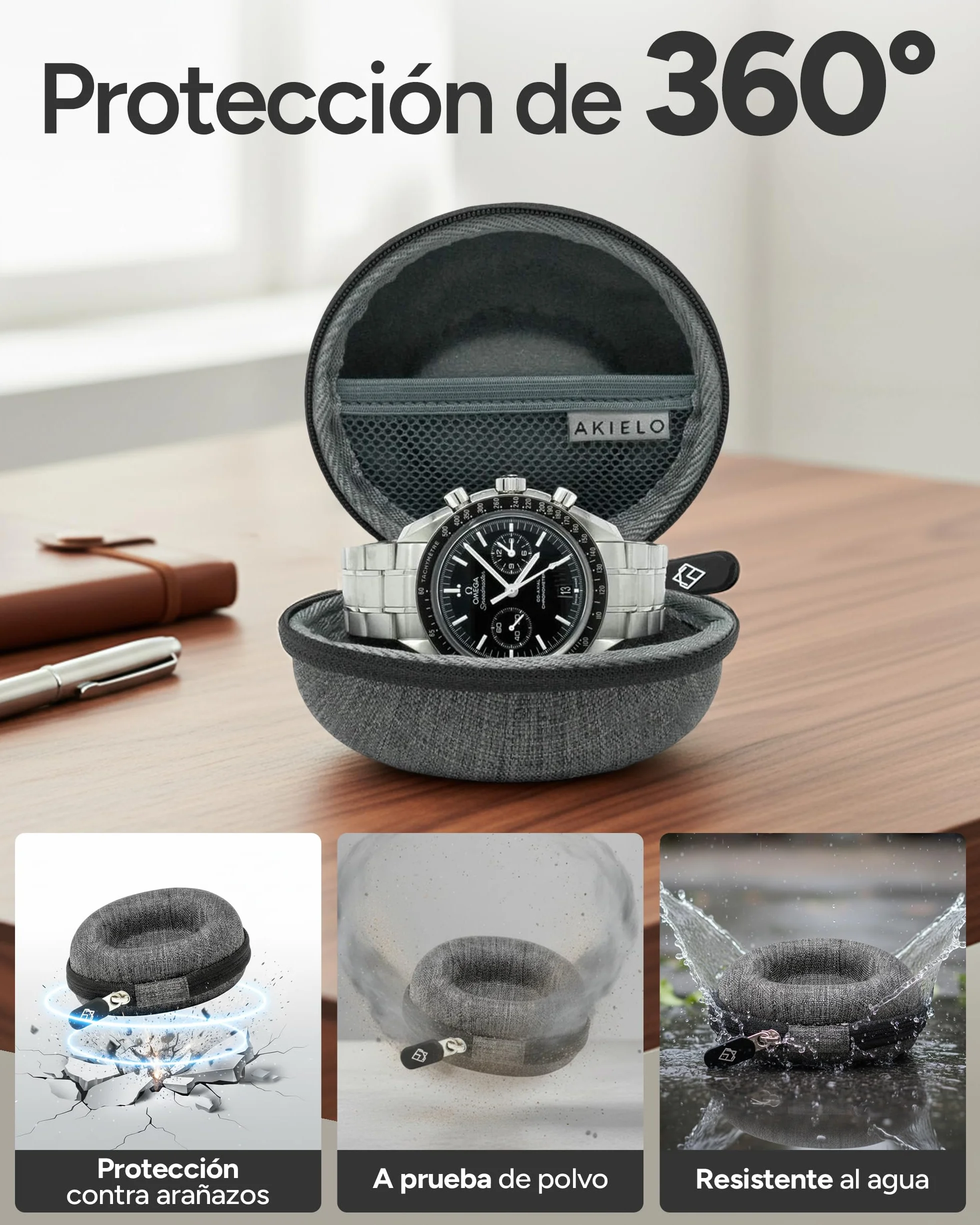 AKIELO Caja para Relojes de Viaje con Paño de Limpieza y Caja Regalo – Compatible con Relojes de Pulsera para Hombre y Mujer y Relojes Inteligentes de hasta 54 mm (Edición Gris Carbón)