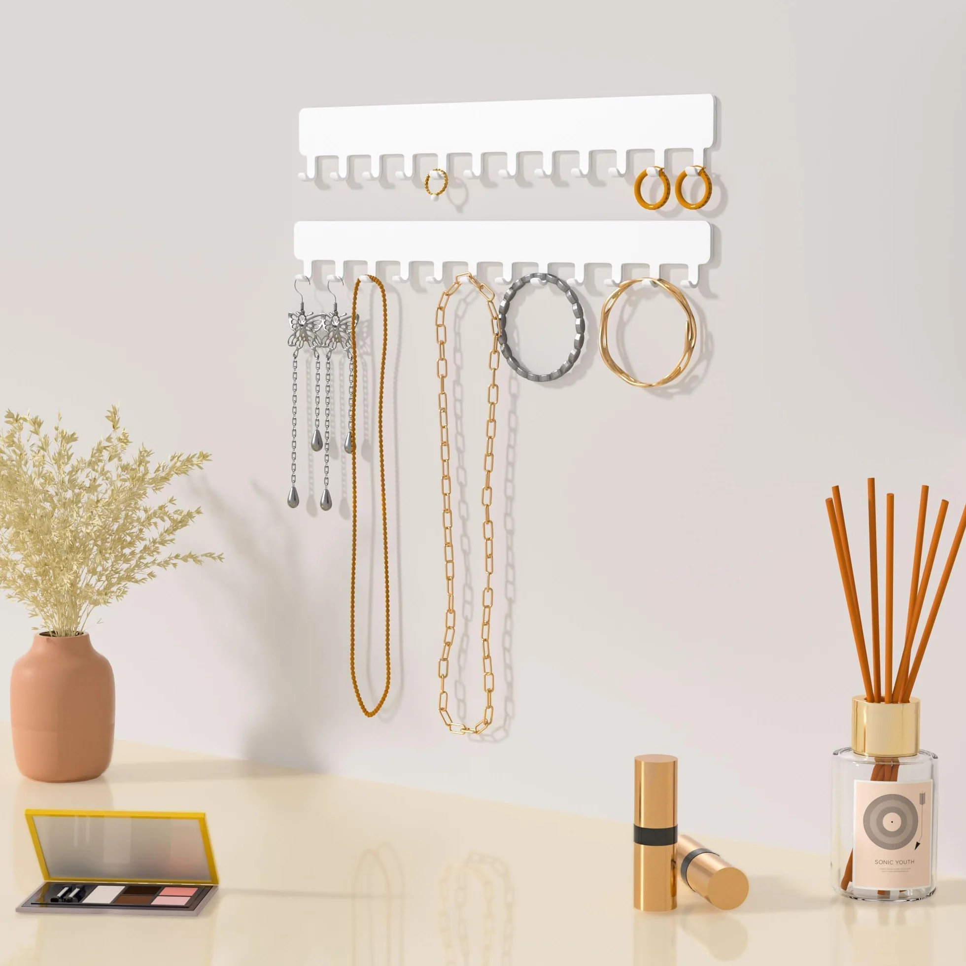 Josmimic Organizador de joyas para colgar en la pared, soporte para cadenas, colgador blanco, 2 unidades