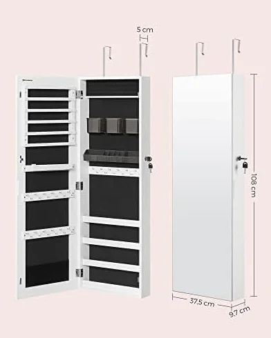 SONGMICS Armario Joyero, Espejo Joyero Montado en la Pared o en la Puerta, Espejo Colgante con Cerradura, 2 Organizadores de Maquillaje de Plástico Extraíbles, Idea de Regalo, Blanco JJC001W01