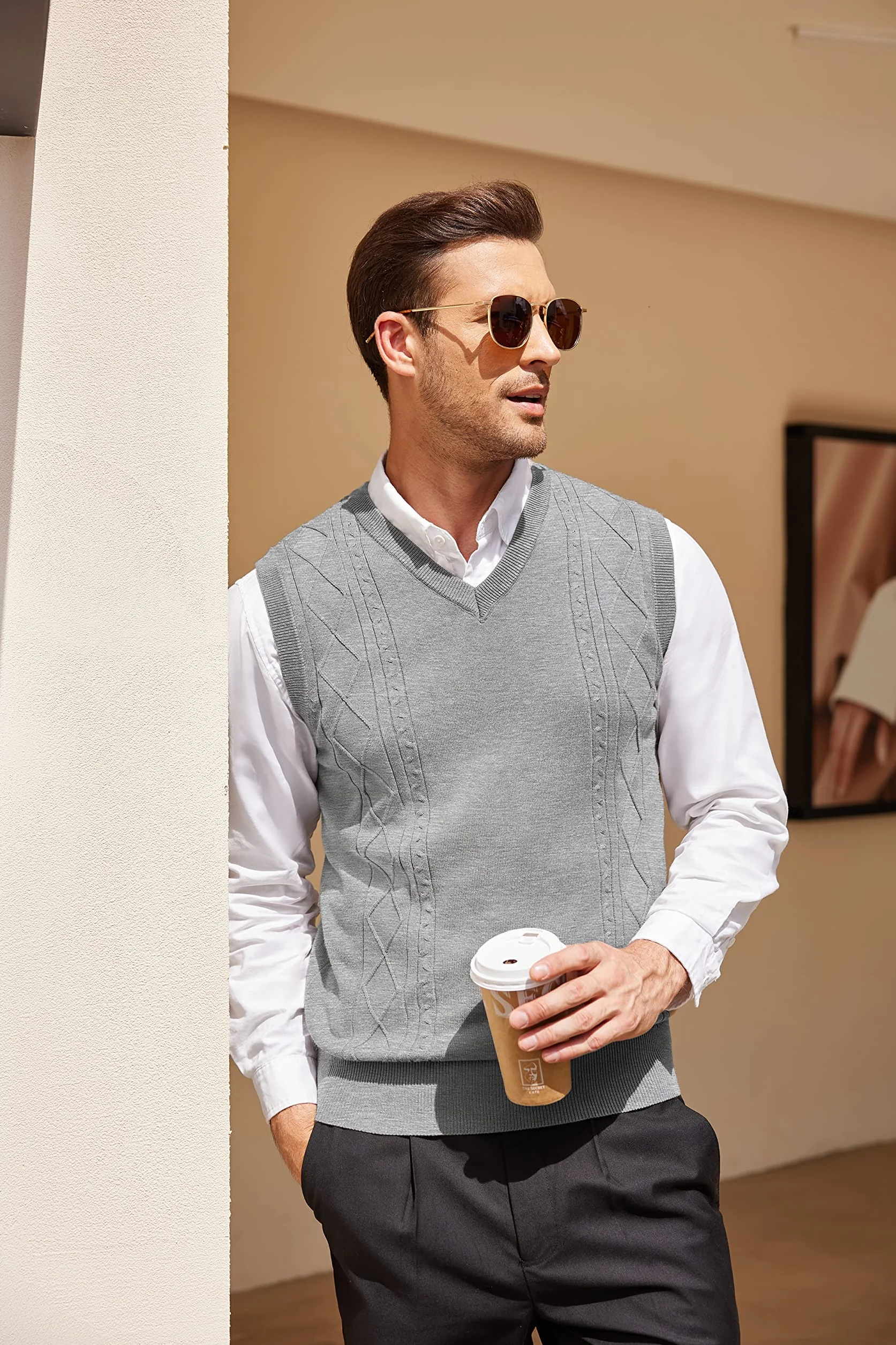 COOFANDY Jersey de punto para hombre, cuello en V, sin mangas, de invierno, corte regular, sin mangas, para hombres