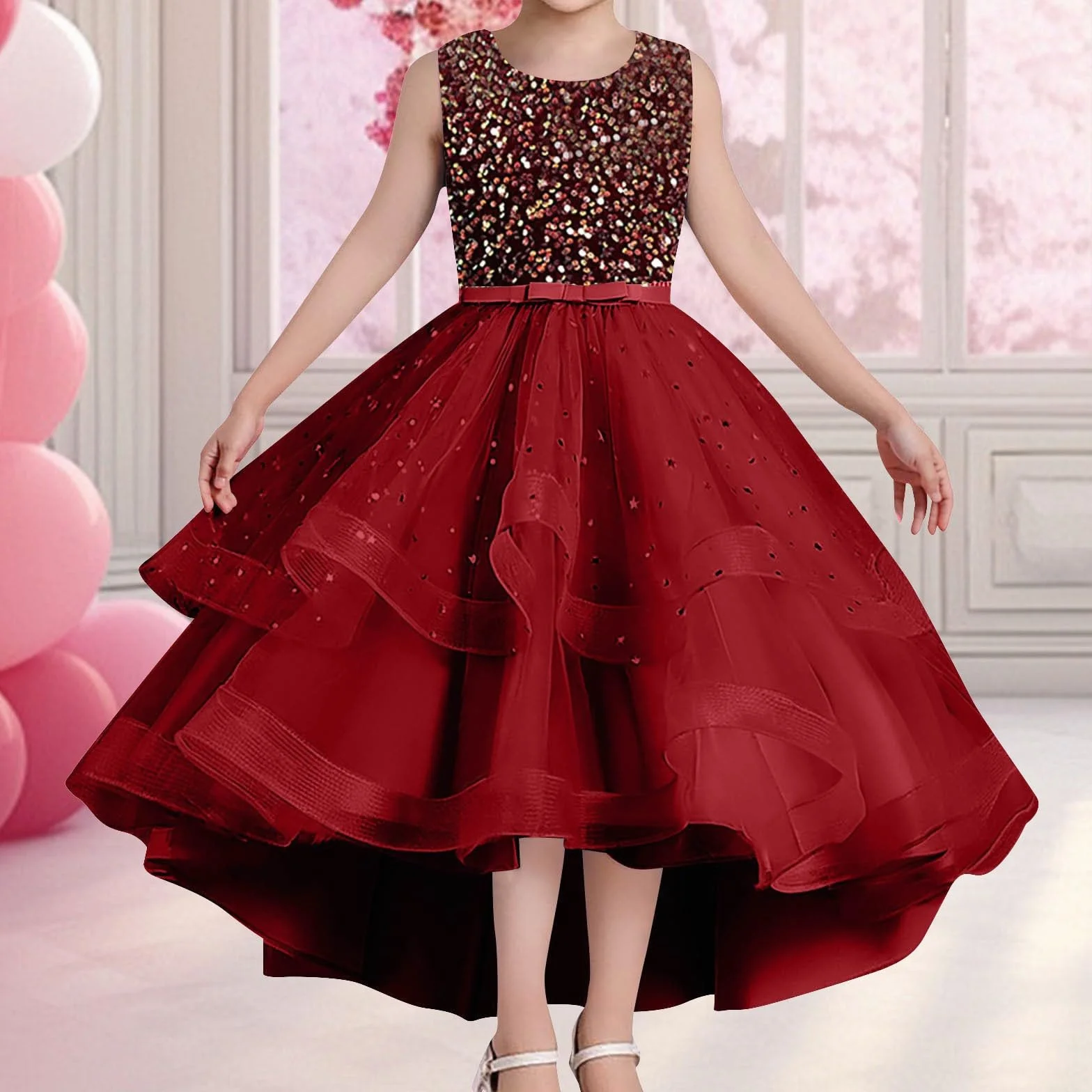 Vestido de Desfile Infantil con Encaje Floral para niñas diseño Elegante para Bautizo Boda y sin Mangas Falda de Tul y Falda Floral