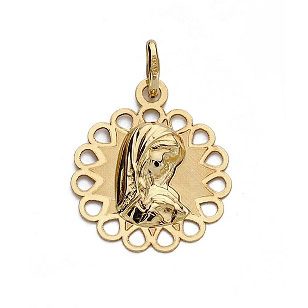 Medalla oro 18k colgante 18mm. Virgen Niña forma calada redonda calada exterior lágrimas