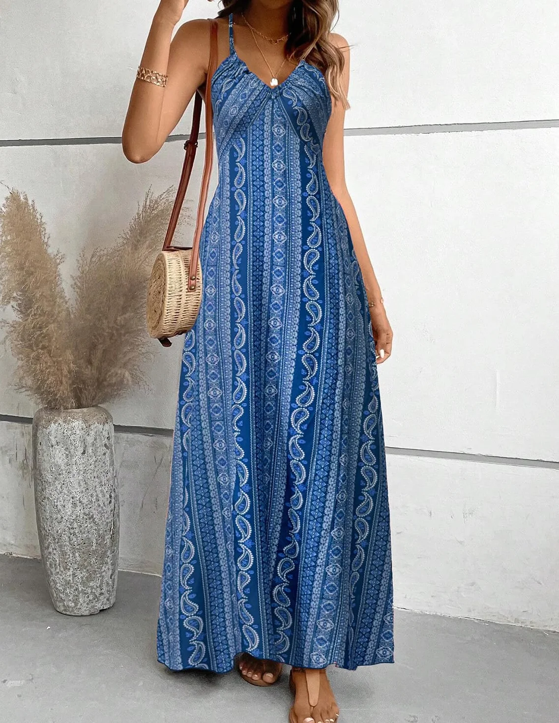 Vestido de Verano Sin Mangas Cuello en V Falda Larga Estampado Bohemio Elegante para Mujer