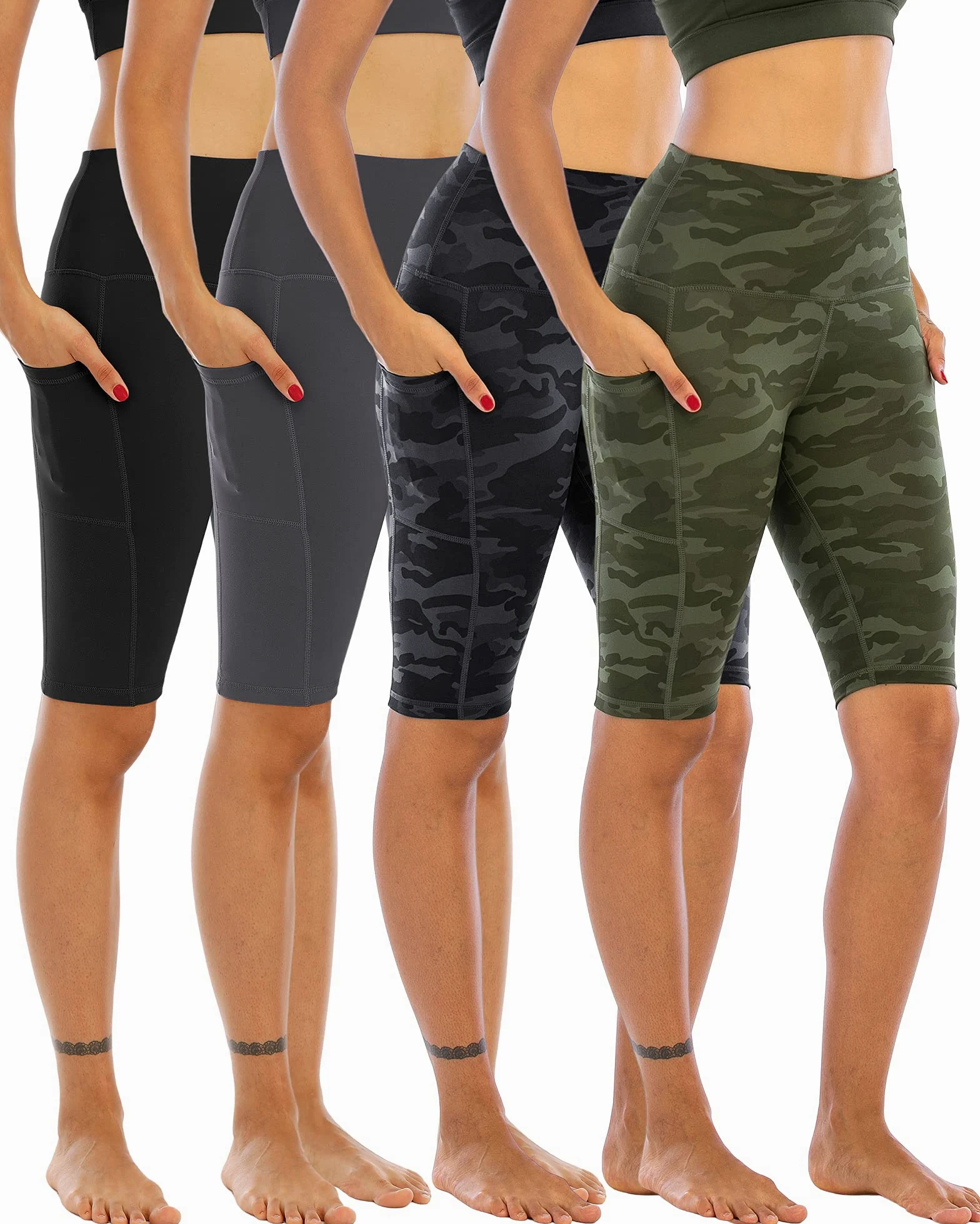 WHOUARE Paquete de 4 pantalones cortos de yoga o ciclista con bolsillos para mujer, cintura alta, atléticos, correr, entrenamiento, gimnasio, control de abdomen, S