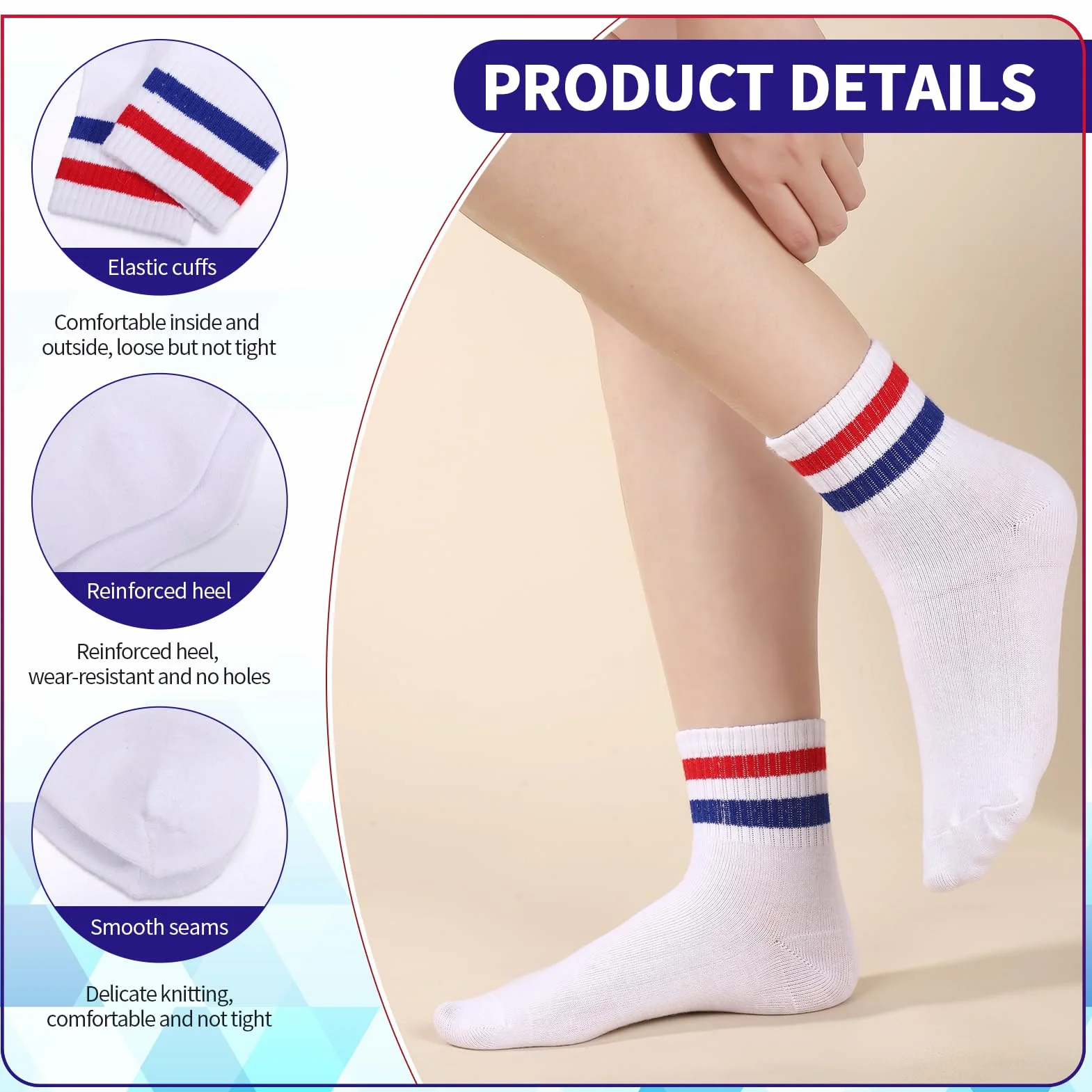 Zuimei 6 Pairs Boys Girls Socks Kids Sport Crew Socks Junior Cotton School Sports Sock, Striped Stretchy Athletic Sock for Girls and Boys 6-12 Years