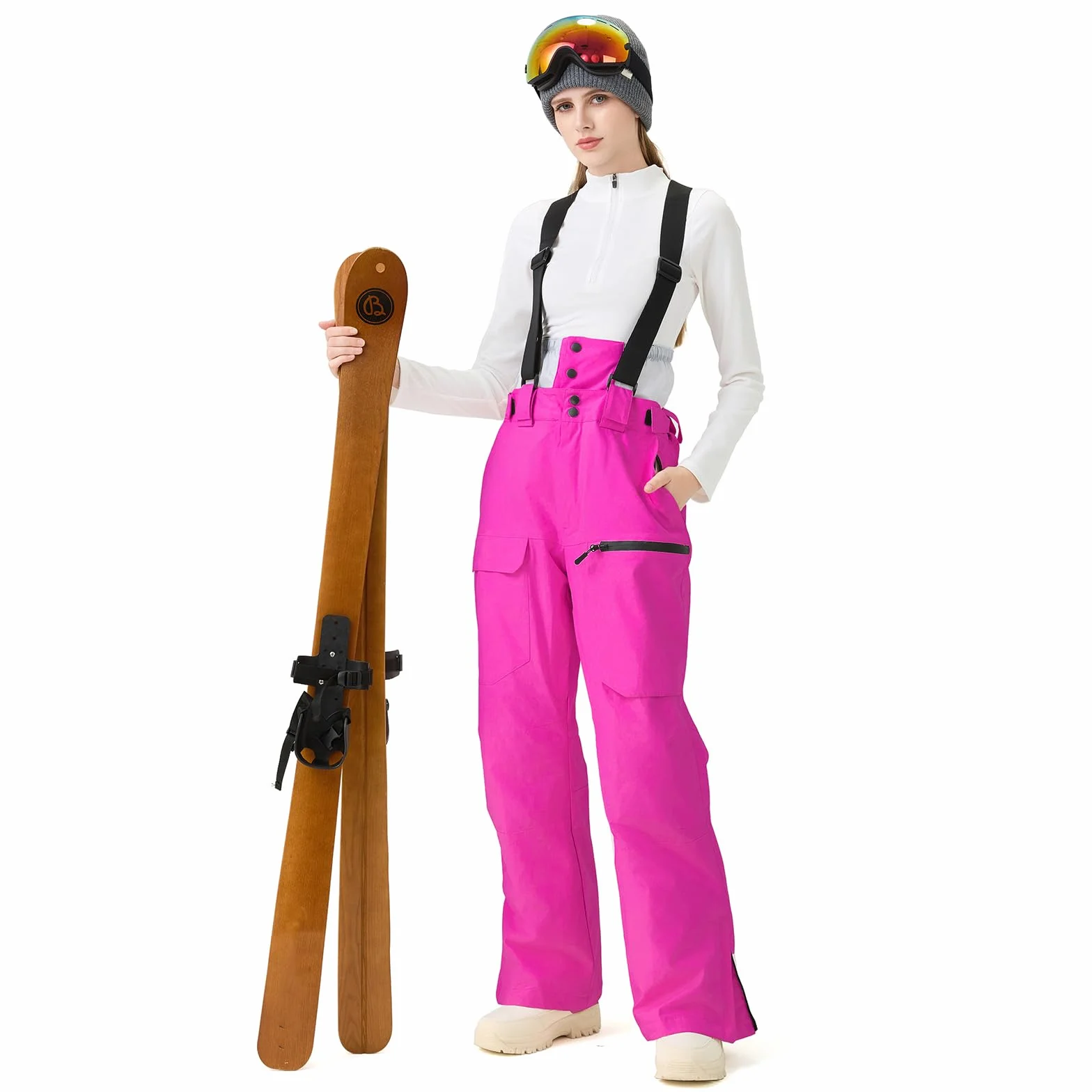 ALSOGO Pantalones de esquí para mujer, impermeables, aislados, para invierno, snowboard, tirantes ajustables, pantalones de nieve, resistentes al viento, pantalones cálidos para exteriores