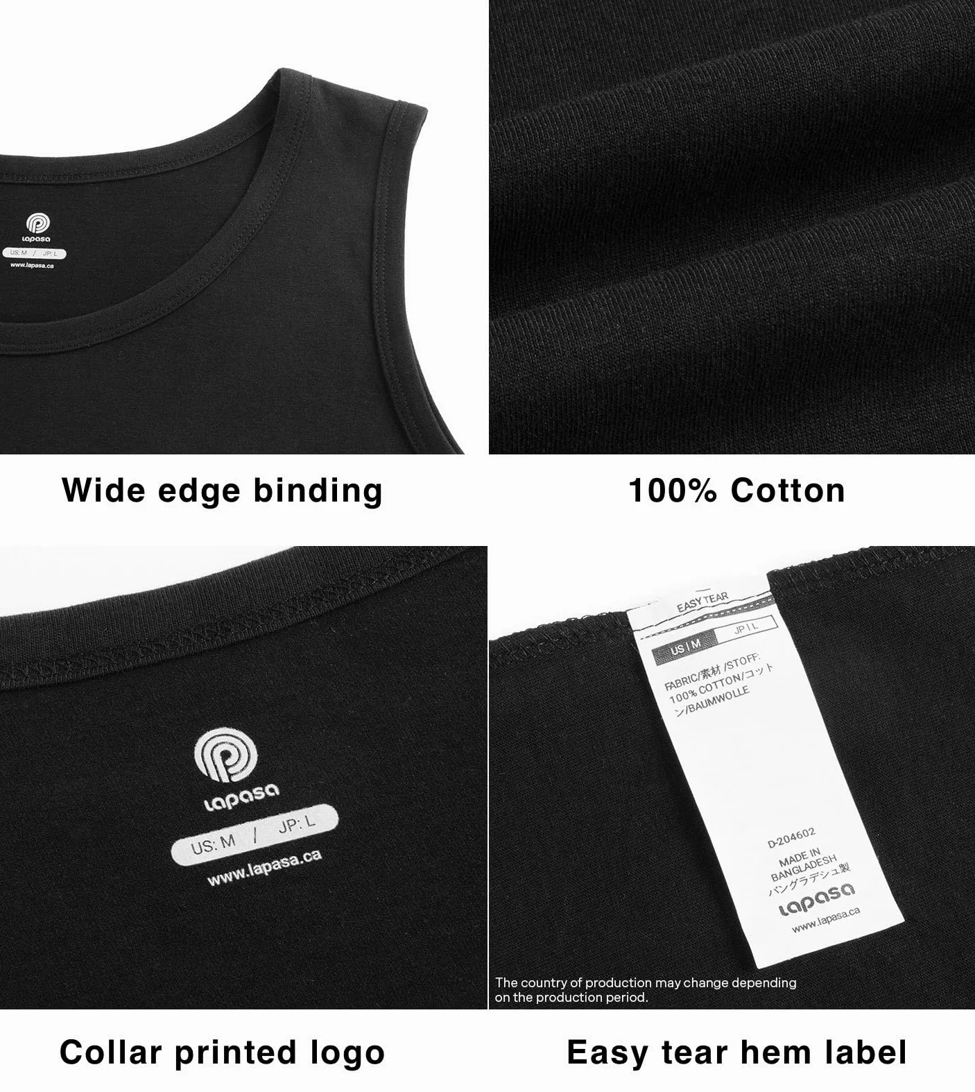 LAPASA Camiseta Tirante Hombre (Pack de 4) 100% Algodón Puro Ropa Interior sin Manga Masculino Tank Top Gym Deporte Ejercicio Gimnasio Verano Blanca Negra Gris M36
