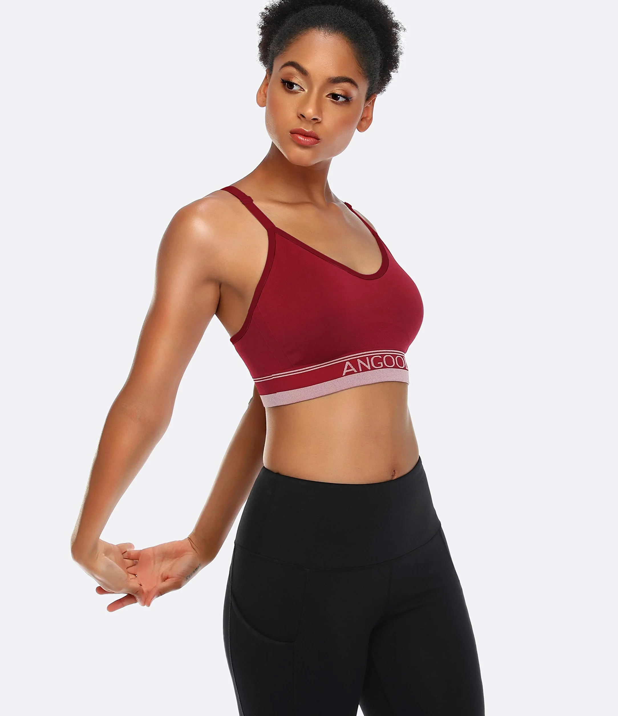 ANGOOL Sujetador Deportivo para Mujer con Correas Ajustables sin Costuras Copa Extraíble Correas de Hombro Cruzadas para Yoga Fitness Correr