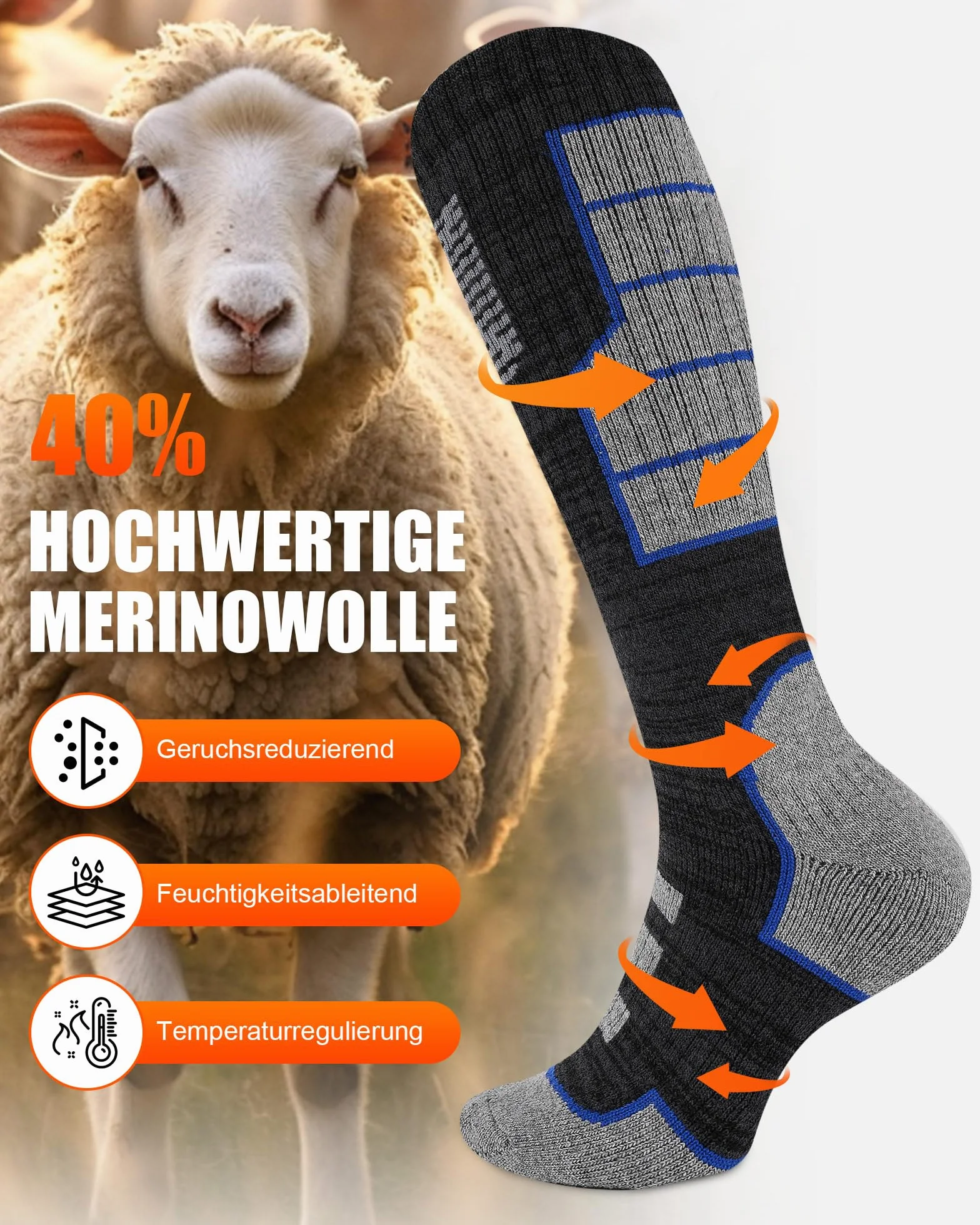 Niofind Calcetines de esquí de merino para hombre y mujer, 2 pares, de rizo completo, calcetines térmicos, calcetines cálidos de invierno, calcetines de esquí que absorben la humedad para clima frío