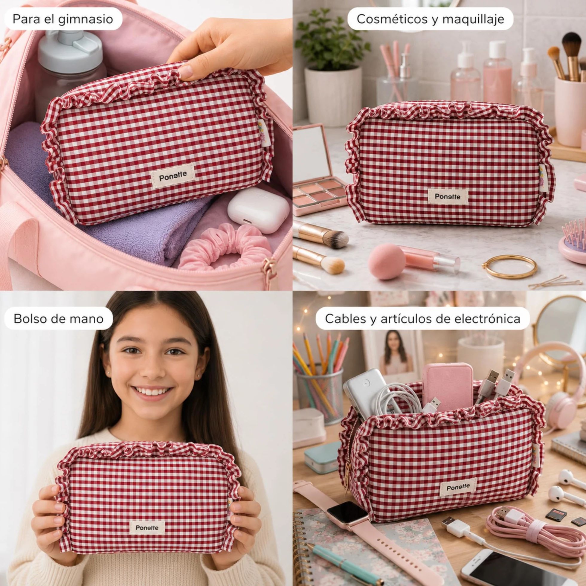 PONETTE - Neceser Mujer A Lo Loco, Vichy Cuadro Rojo, Chica, Estilo, Divertido, Juvenil, Bolsa de Aseo, Viaje, Tocador, Estuche, Marca Española