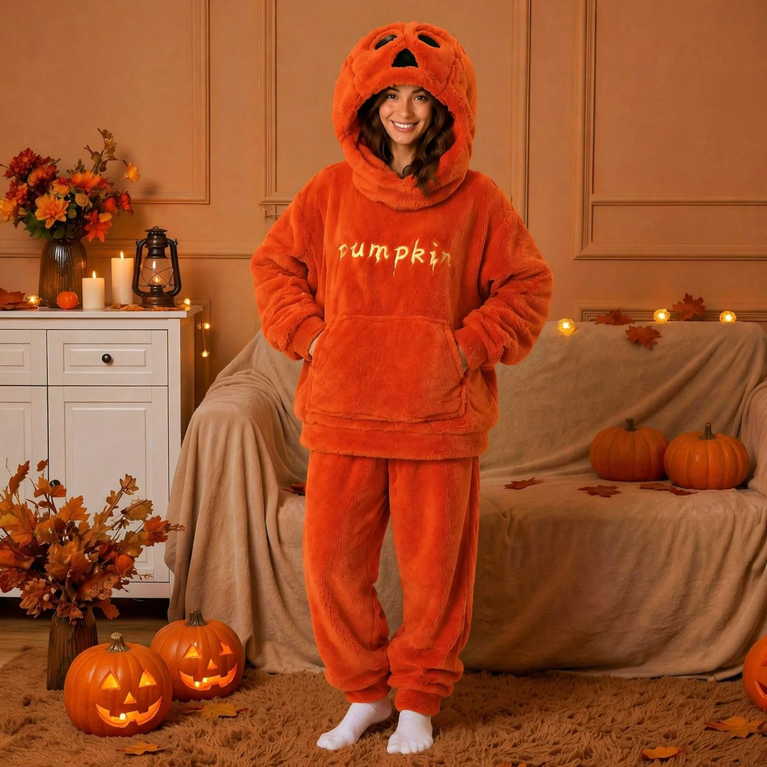 Conjunto de pijama para mujer, talla grande, disfraz para mujer, Halloween | Conjunto Oversize con diseño de calabaza casual para disfraz de Halloween Chic y Elegant Pijama polar térmico