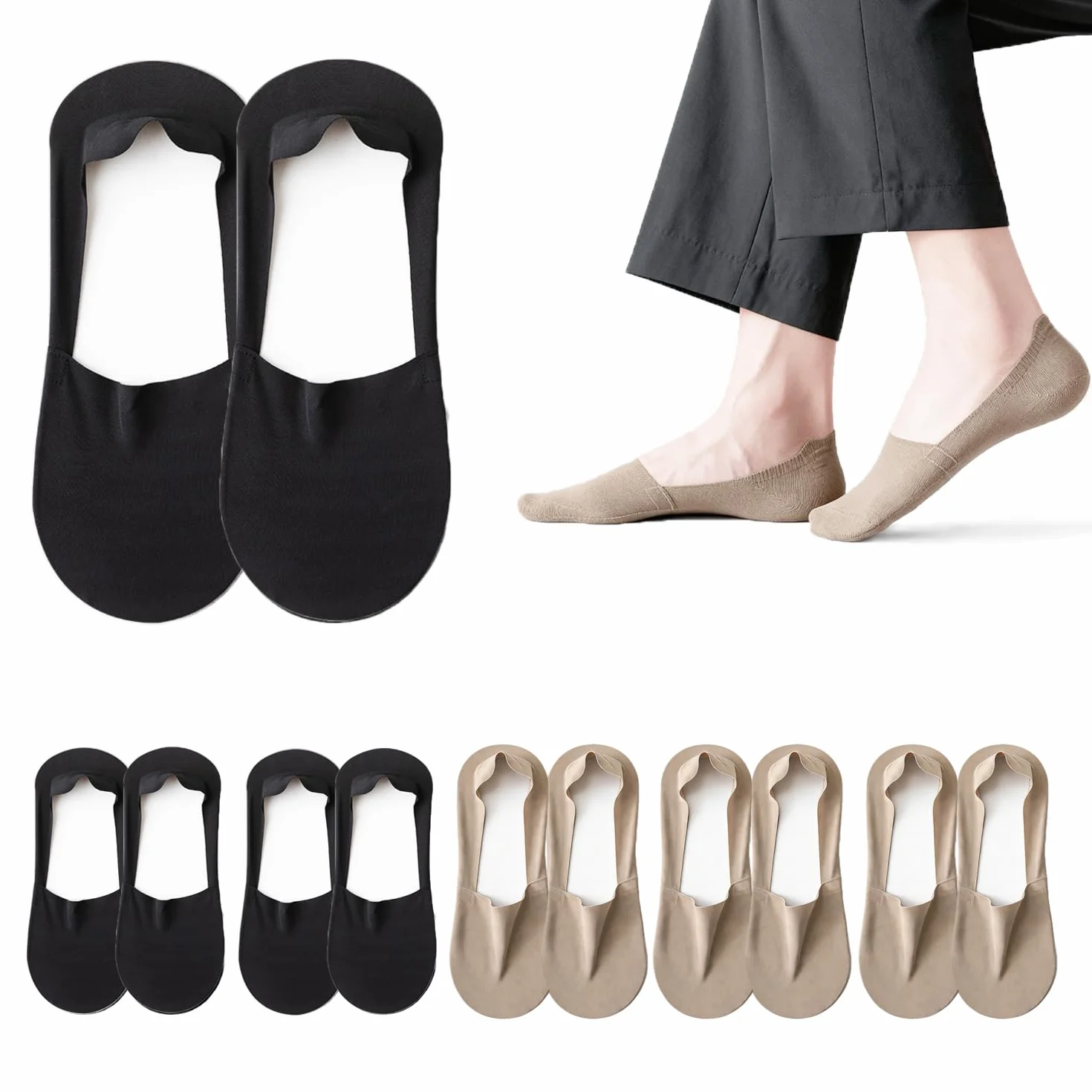 6 Pares de Calcetines Invisibles para Hombre, Ligeros y de Corte Bajo, Antideslizantes para Mocasines, Zapatillas, Zapatos de Cuero, Nude y Negro