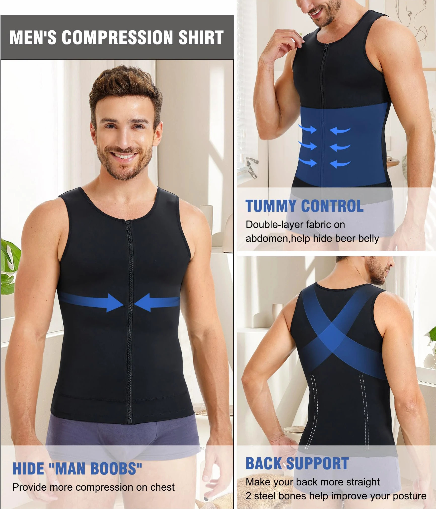 Eleady Camisetas de compresión para hombre, con cremallera, para moldear el cuerpo, camisetas más delgadas