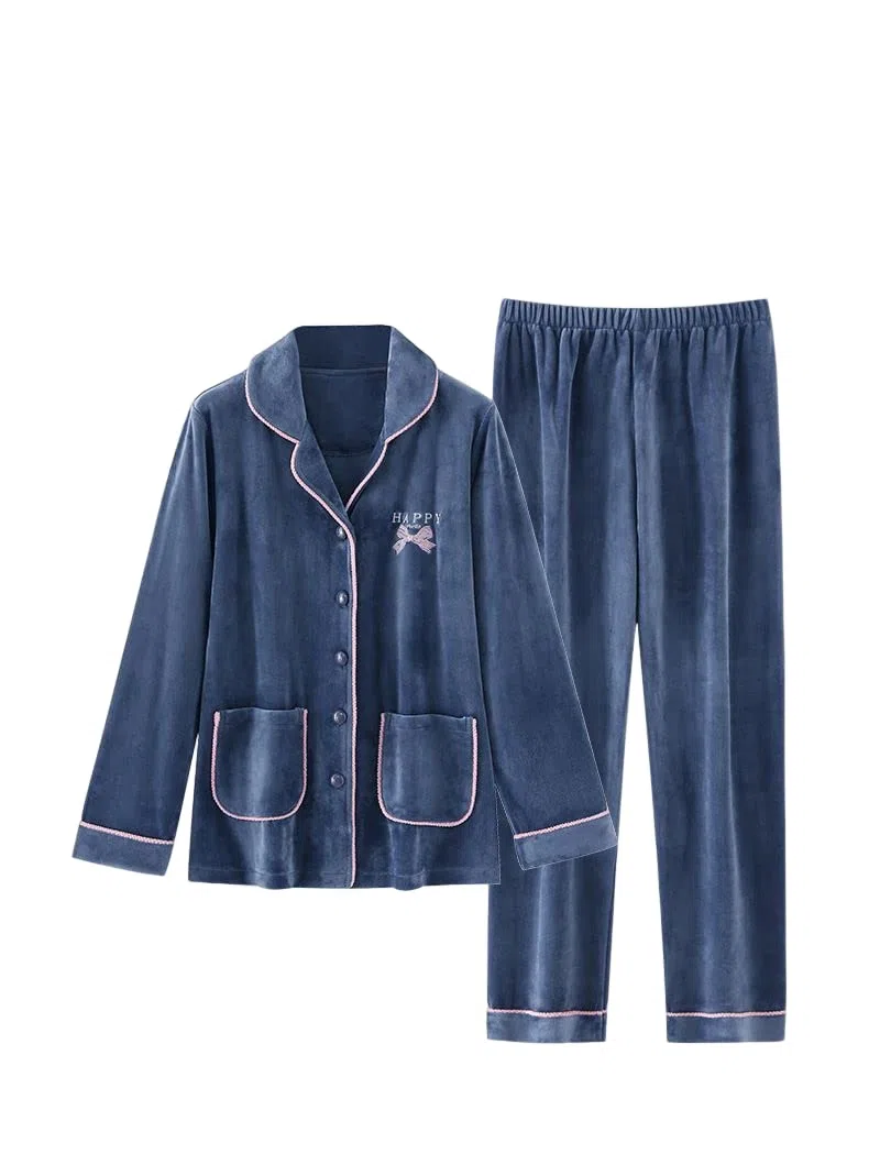 LUBOSE Pijama de franela para mujer, conjunto de ropa de descanso, 2 piezas, pijama con botones, ropa de descanso térmica (XL, azul marino)