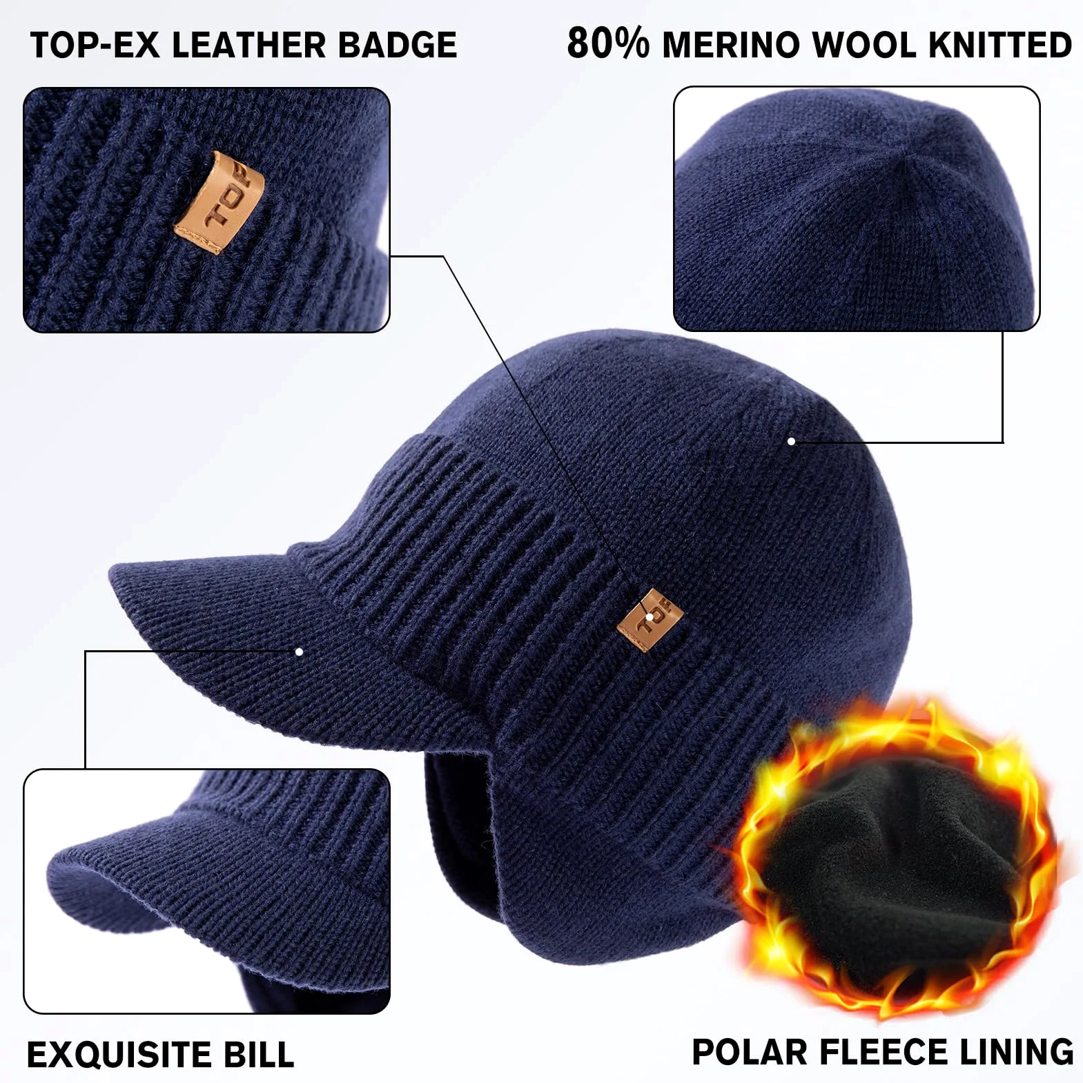 TOP-EX DryKnit - Gorro impermeable de 80 % lana merino, con orejeras, forro polar cálido para invierno, para clima frío, estilo unisex, 55-66 cm