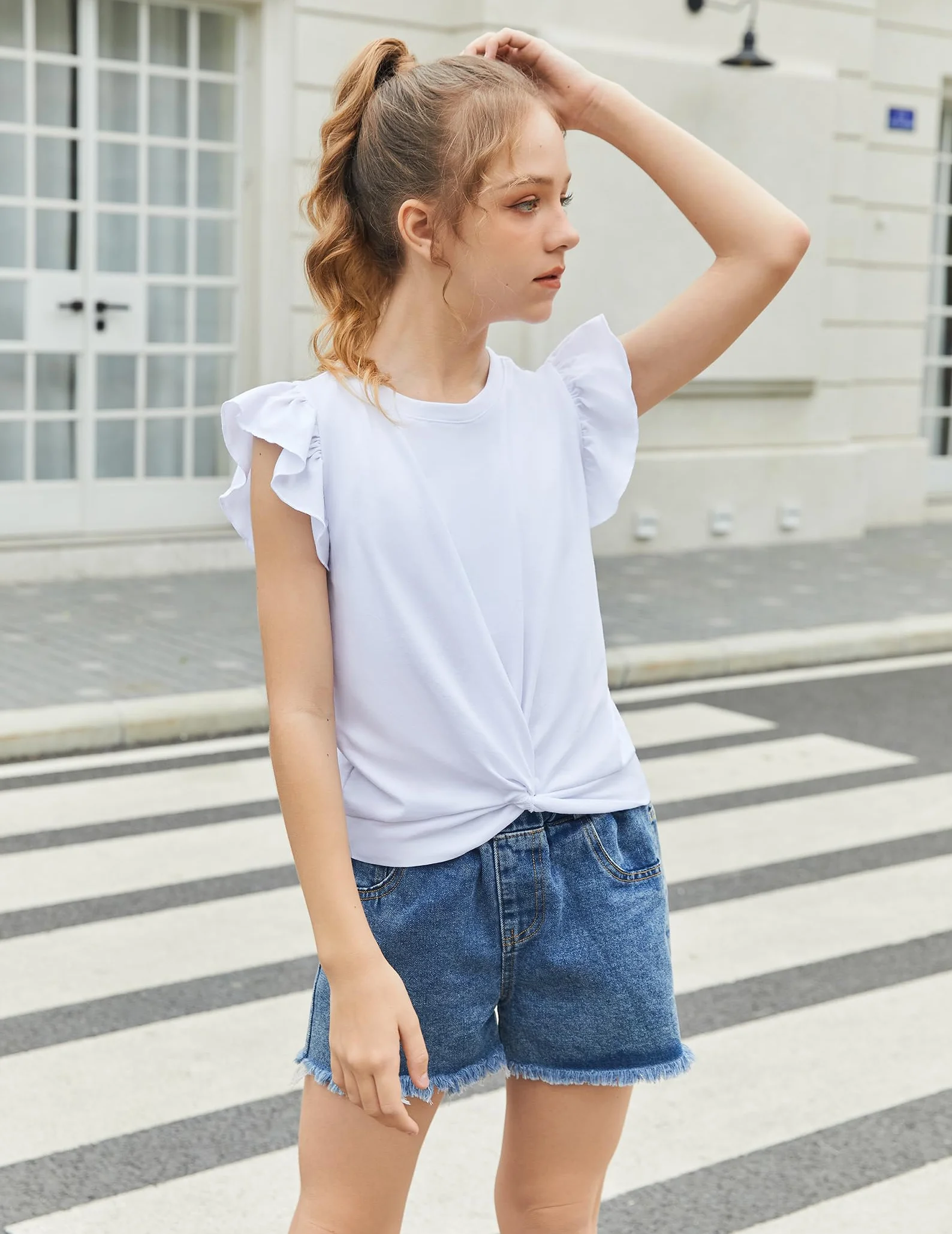Arshiner niñas 5-12 años Camisa de Manga Corta Twist Front Camiseta para niñas Lindo Vuelo Mangas Verano Blusa para niñas túnica tee Tops