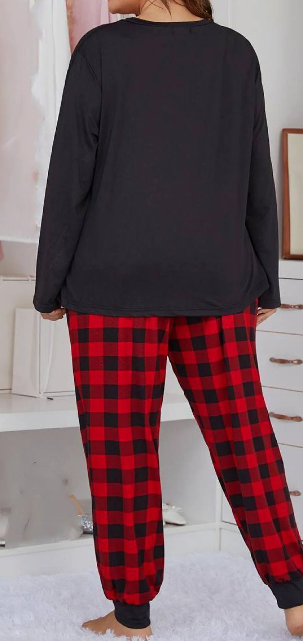 Pijamas Para Mujer Tallas Grandes Top Negro Pantalones A Cuadros Rojos Conjunto De Ropa De Dormir Para Mujer Pijamas De Dos Piezas Suave Clásico Casual Loungewear Regalo Para Esposa Novia Mamá Dí