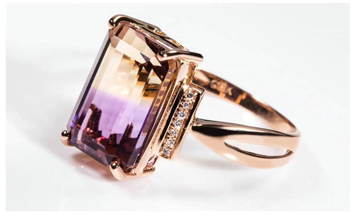 Sortijas de Oro Mujer 18K, Anillos de Mujer de Compromiso Ametrino Rectángulo Oro Rosa 18 Kilates con Certificado