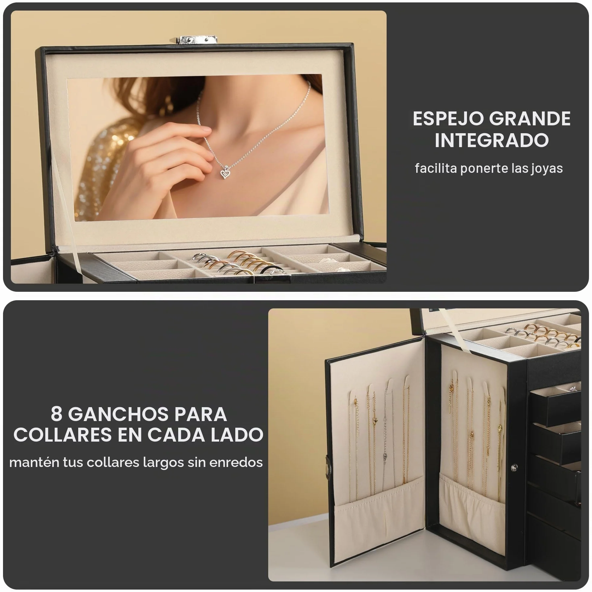 Frebeauty Caja de joyería grande 6 niveles cuero sintético con cerradura espejo organizador joyas Negro
