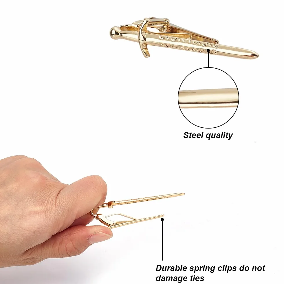 WEBEEDY 2 clips de corbata dorados con espada para hombre, accesorios de corbata para camisa, novio de boda, negocios, regalo único para caballeros, 6 cm de longitud, 6cm, Metal, No es una piedra