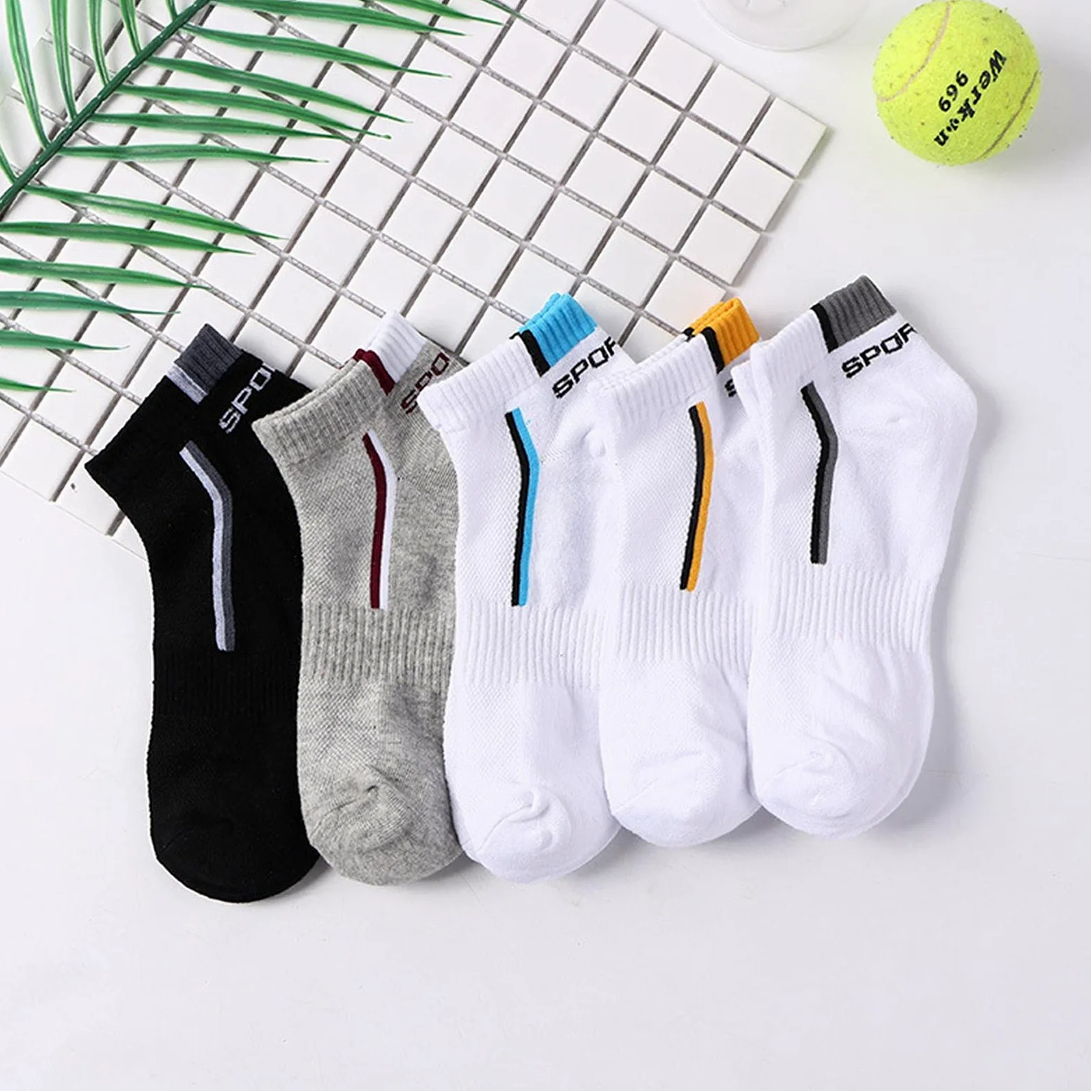 UKKO Calcetines de Hombre 10 Parines Hombres Calcetines De Los Hombres Calcetines De Algodón Transpirables Verano Corte Delgado Tamaño Corto 38-48-10 White Yellow,Plus Szie43-48