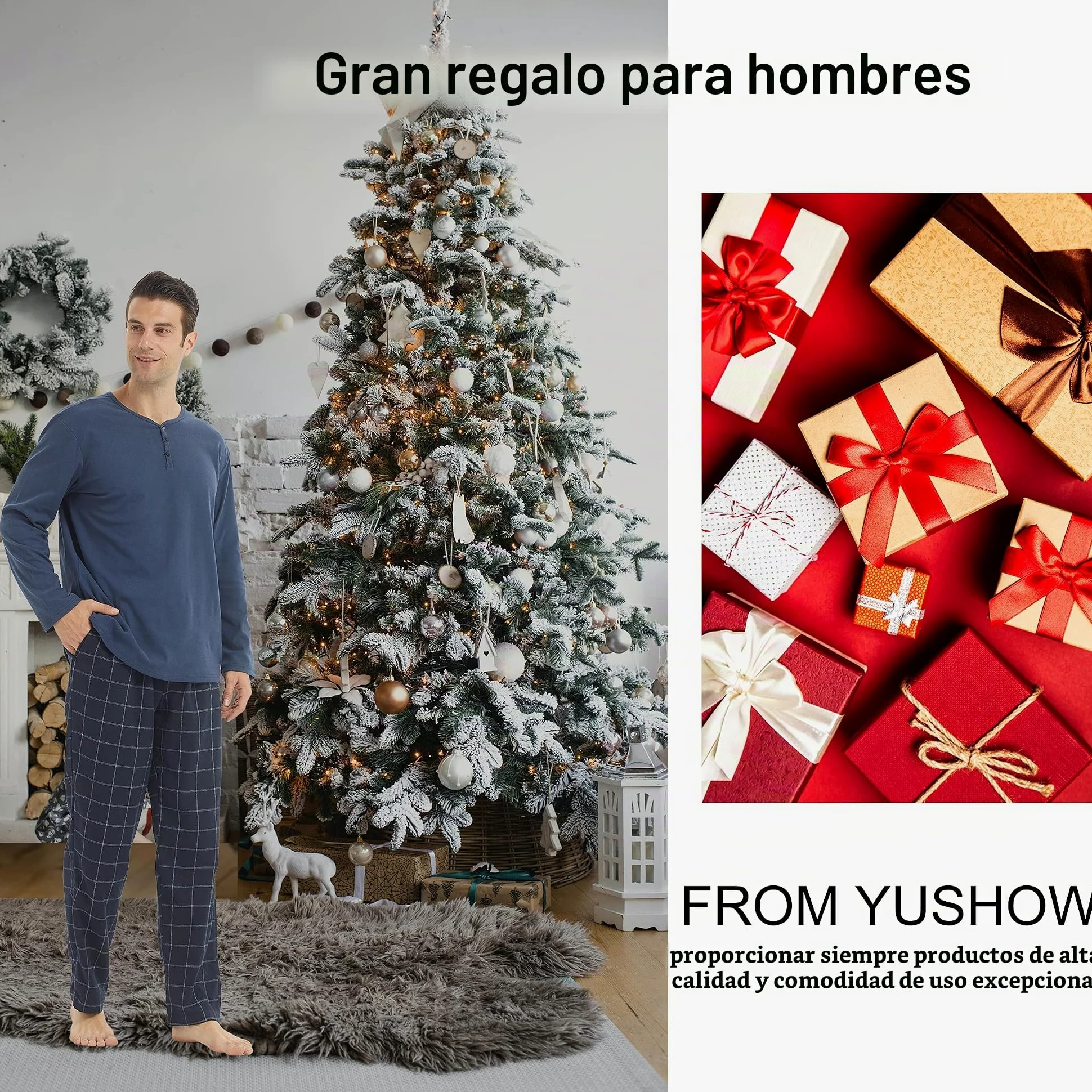 YUSHOW Pijama Hombre Invierno Pijama con Manga Larga Polar y Pantalón Largo de Algodón a Cuadros Conjunto de Pijama Cómodo y Calentito