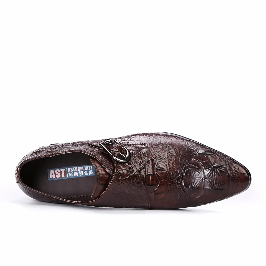 Mocasines Formales Negocios para Hombres Zapatos Monk Relieve en Punta en Cuero Genuino Zapatos de Vestir Slip On con Hebilla