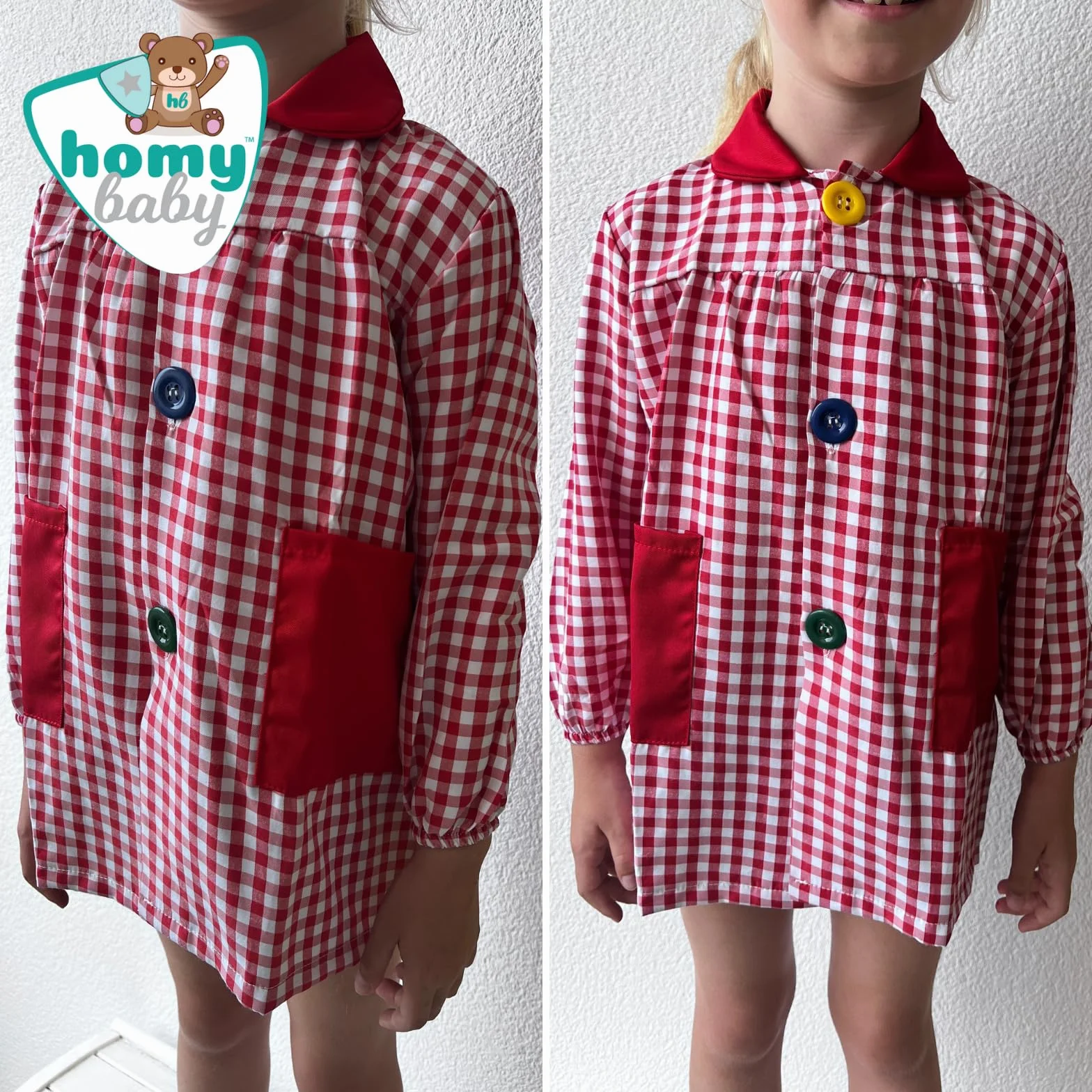 Bata escolar infantil HOMYBABY® con botones para guardería y colegio - Fácil de poner y quitar con bolsillos y puños cerrados (Rojo, Talla 1)