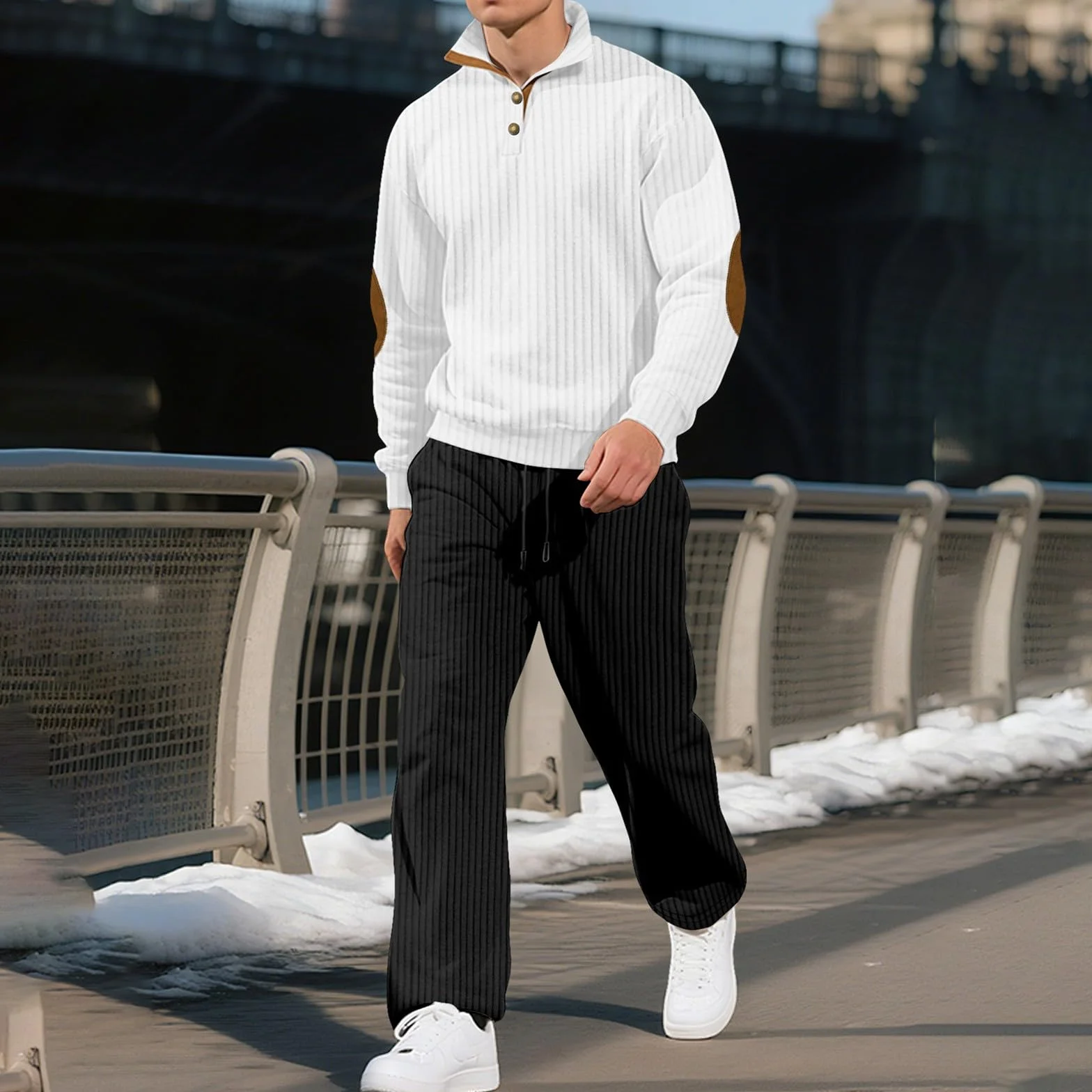 Conjunto de chándal para hombre, con botones a rayas, parches en los codos, pantalones deportivos de pierna recta con cordón, conjunto completo de 2 piezas, sudadera suelta y pantalones de chándal