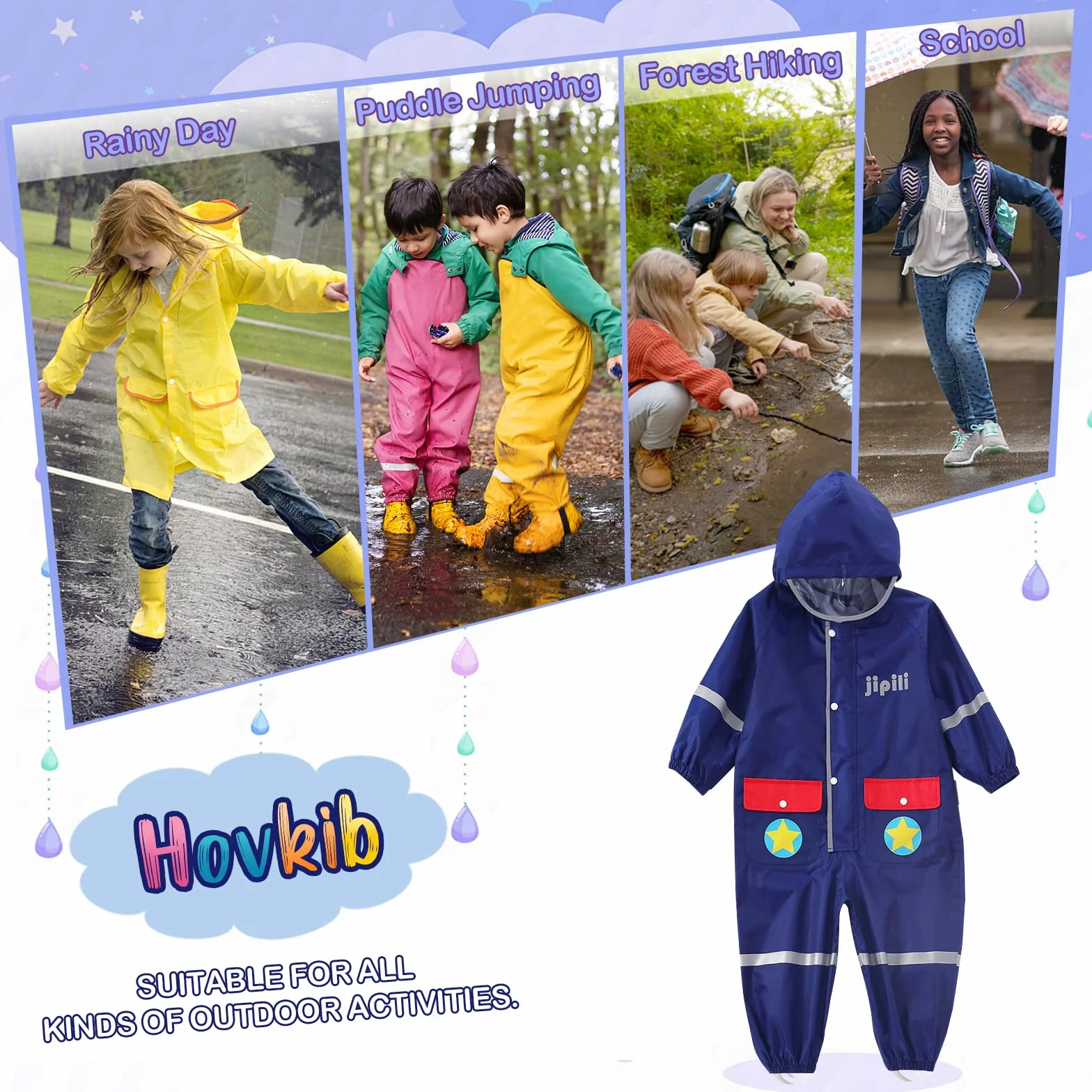 Traje de Lluvia Niños Niñas Chubasquero de Una Pieza Niños Mono Impermeable Lindo Dibujo Poncho de Lluvia Ligero Traje de Barro Unisex Ropa de Lluvia 1-10 Años