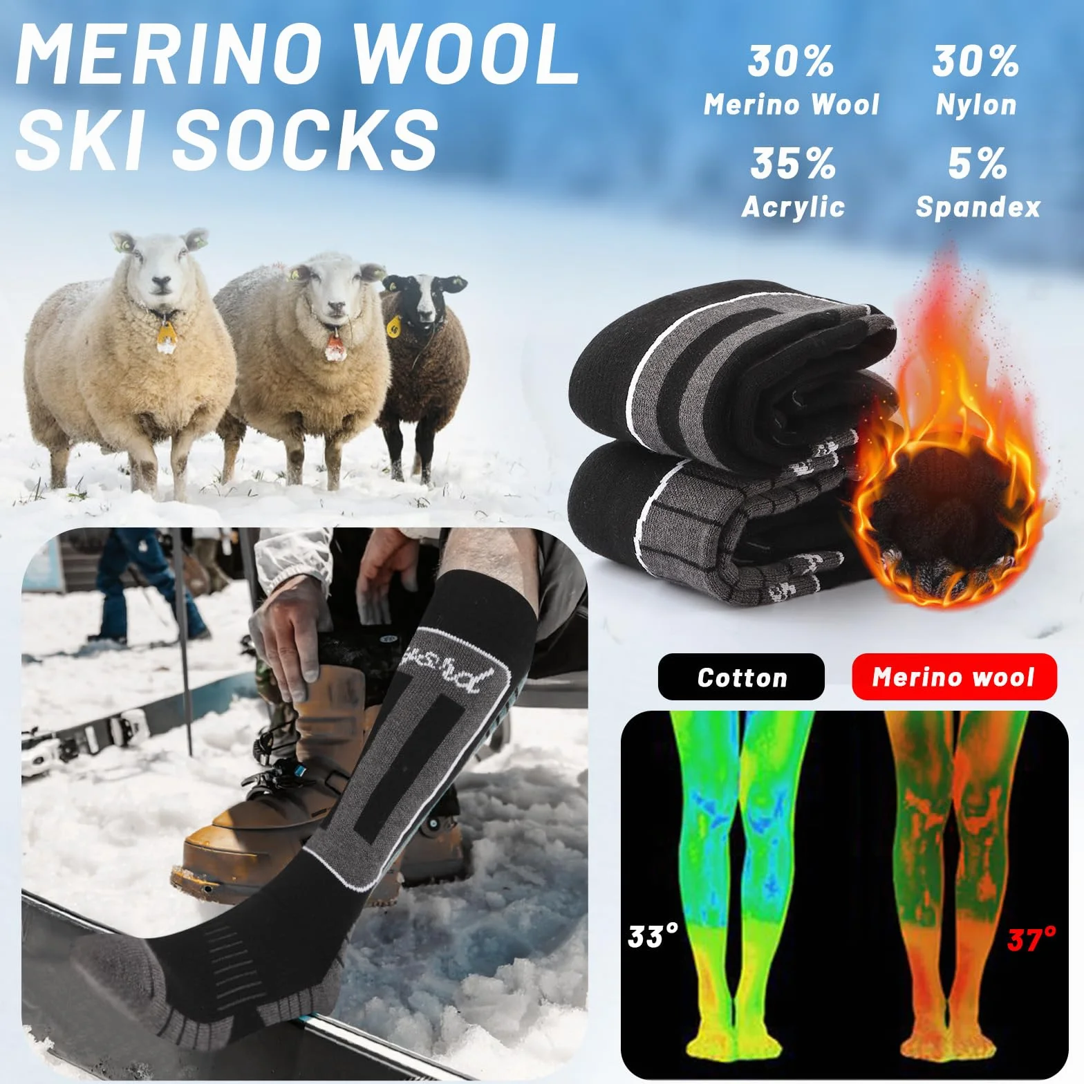 2 Pares Calcetines Esqui Lana Merino, Calcetines de Esquí Hombre para Esquiar, Snowboard y Deportes de Invierno al Aire Libre