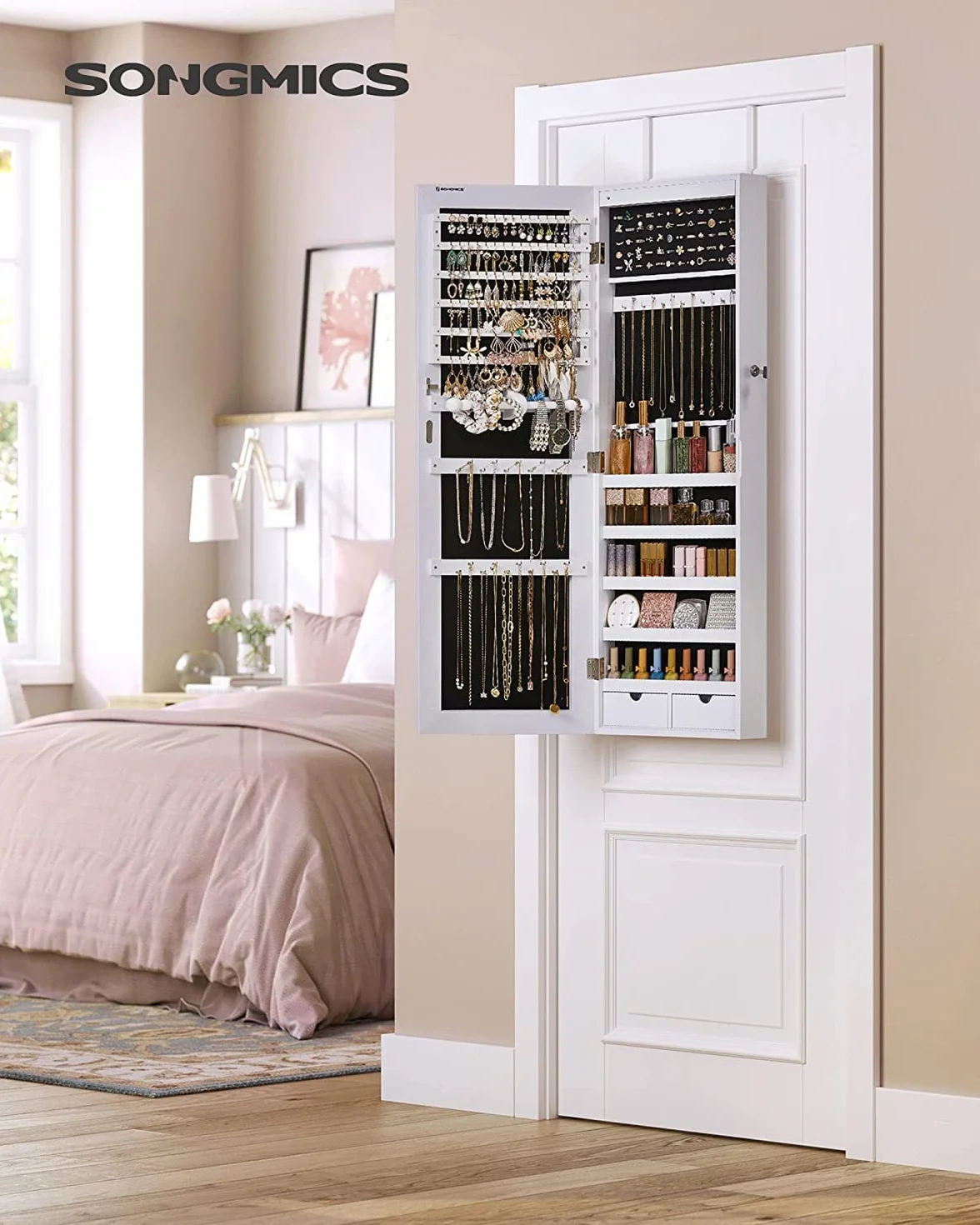 SONGMICS Espejo Joyero de Pared, Espejo Joyero Colgante sin Marco, Armario de Joyas con 6 LEDs para Colgar en la Pared o en la Puerta, Gran Capacidad con 2 Cajones, Blanco JJC99WT