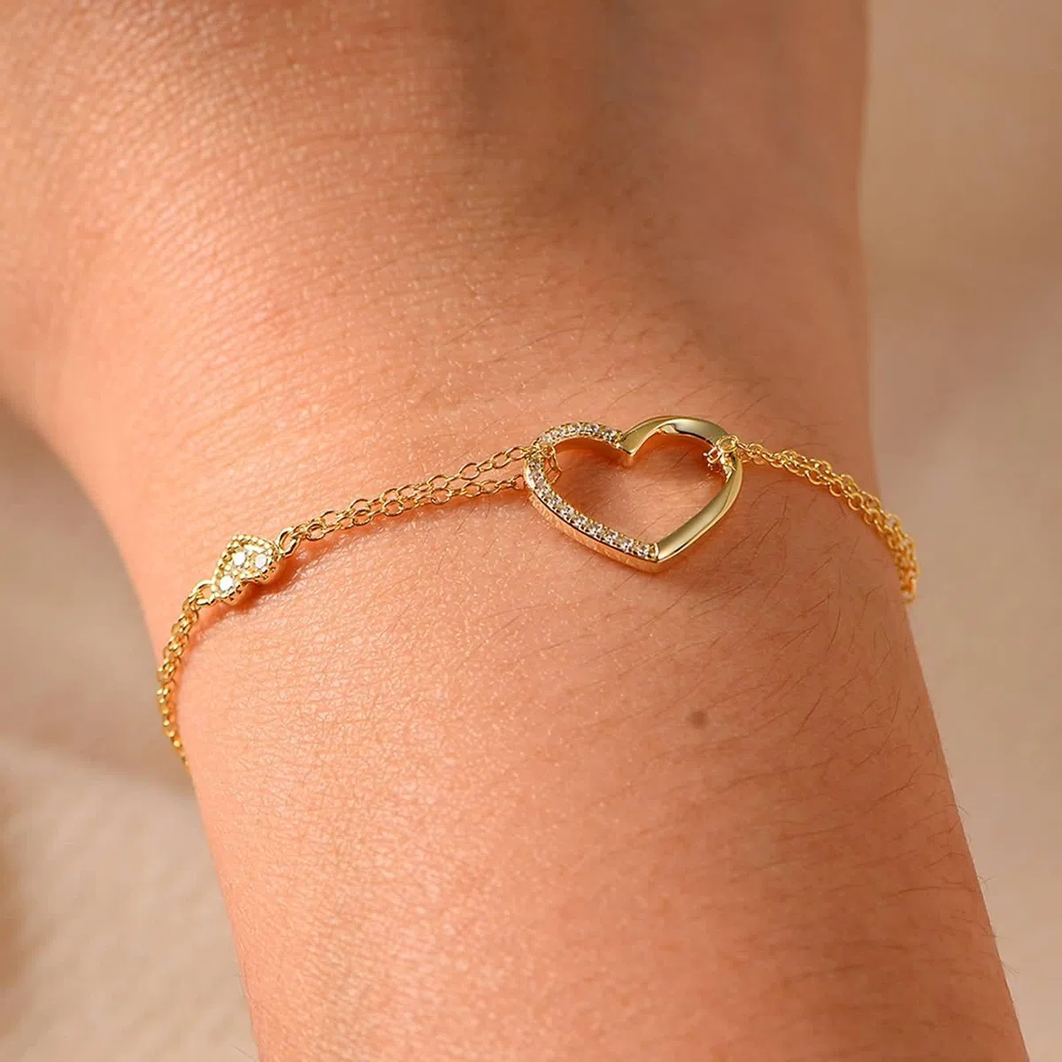 Pulseras de Mujer Oro Blanco 9 K / 14 K / 18 K, Cadena con Corazón Hueco y Moissanita, Cadena Extensible 16 CM + 5 CM, Pulsera de Plata Mujer