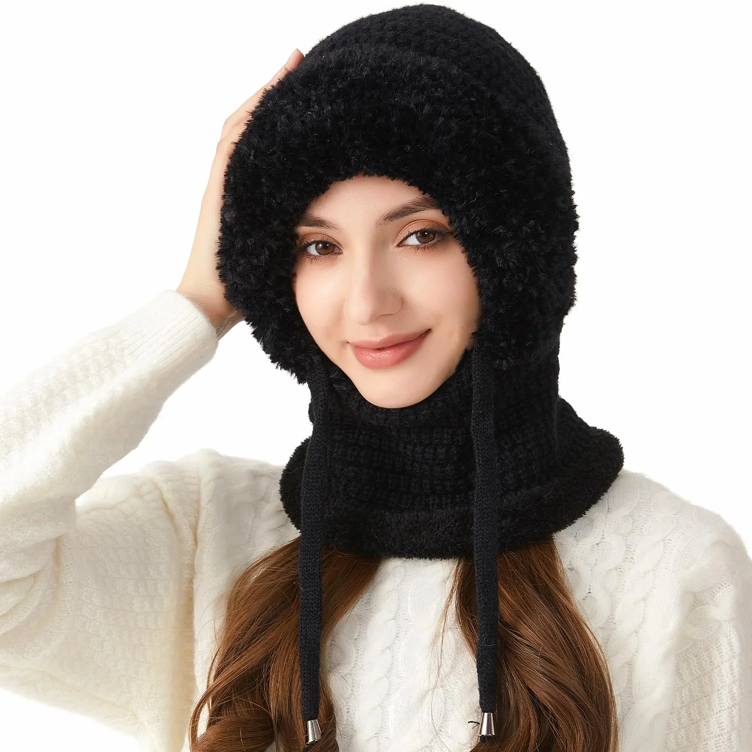 Pasamontañas Invierno Mujer Cálido Sombrero con Cordón Gorro Invierno con Capucha Bufanda Balaclava Multifuncional Beanie Skull Cap para Clima Frío Esquí