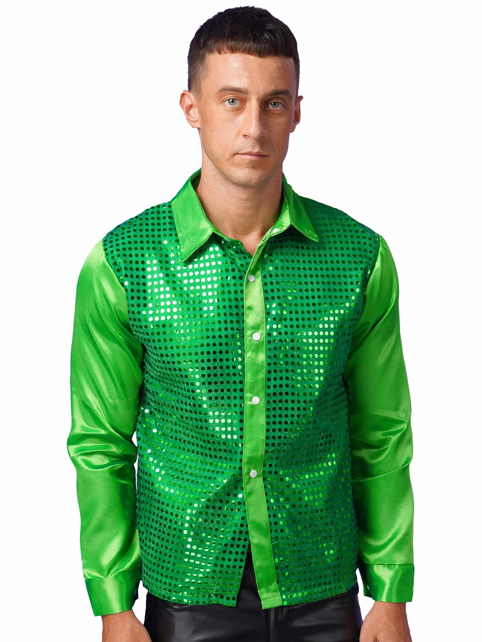 Camisa Hombre Brillante Manga Larga Disfraz Halloween Carnaval Traje Vintage Disco