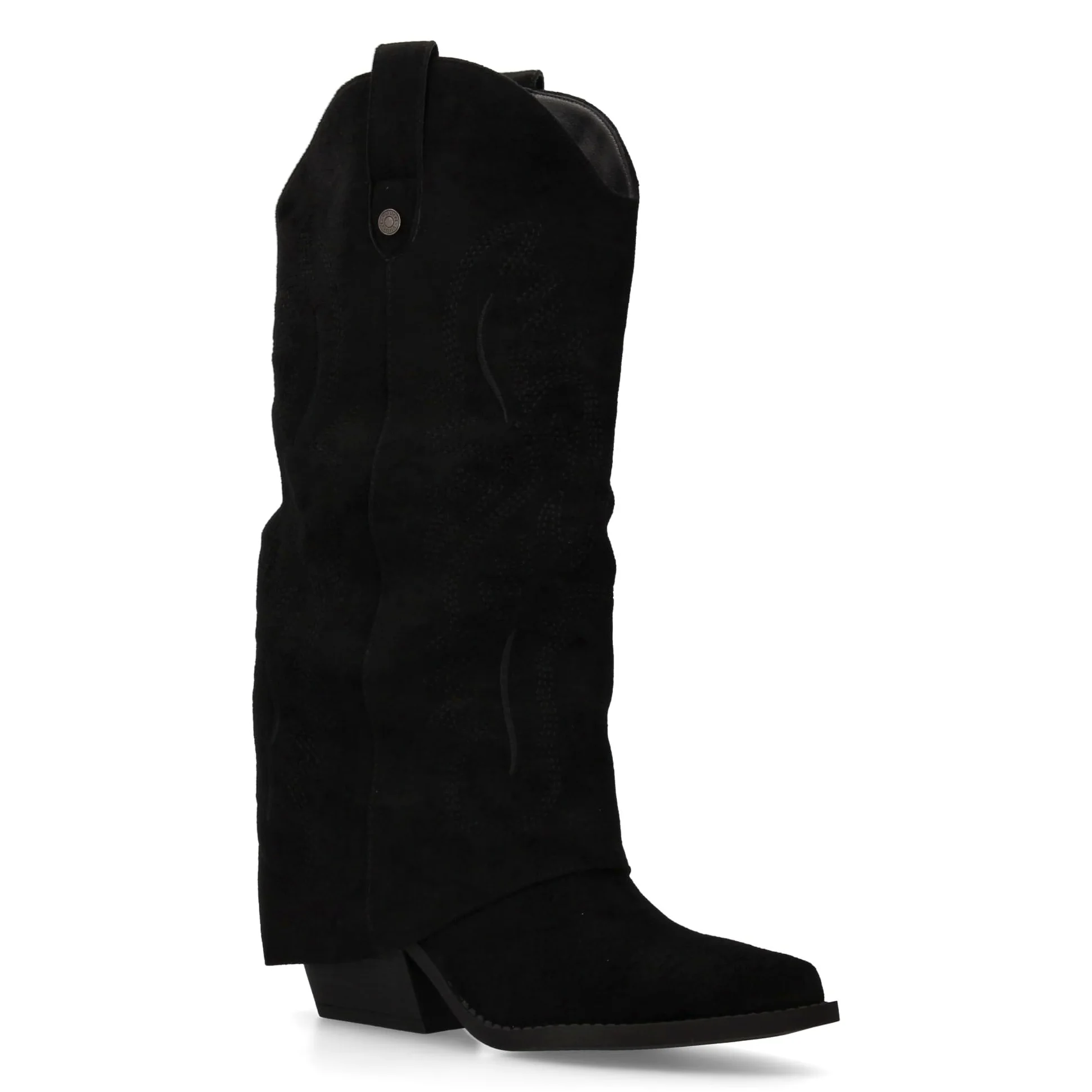 Bota para Mujer Estilo Cowboy, acabada en Punta y con Grabados Bordados en la Cana. Tacon Cubano y Cierre de Cremallera. Ideal Otono Invierno.