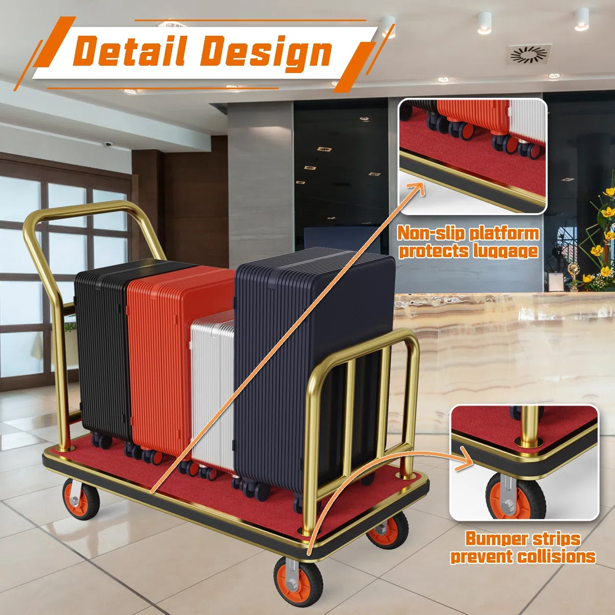 Carrito de equipaje dorado para hotel, carrito Bellman de 42 x 24 pulgadas con barandilla deflectora y capacidad de peso de ruedas de 6 pulgadas de hasta 850 libras, proporciona comodidad al carrito