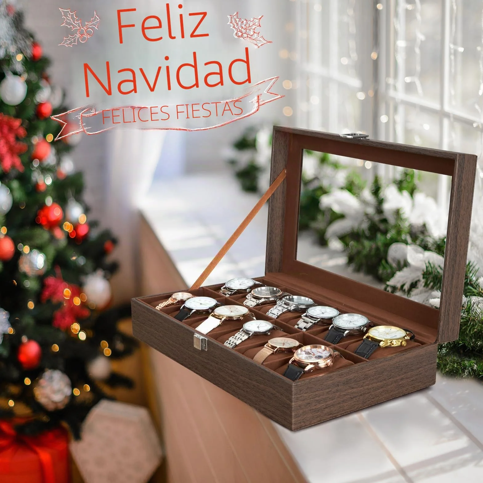 Caja Relojes con 12 Compartimentos, Ohuhu Caja para Relojes con Tapa de Cristal y Cojín ExtraíbleRegalo para Cumpleaños Día del Padre Navidad