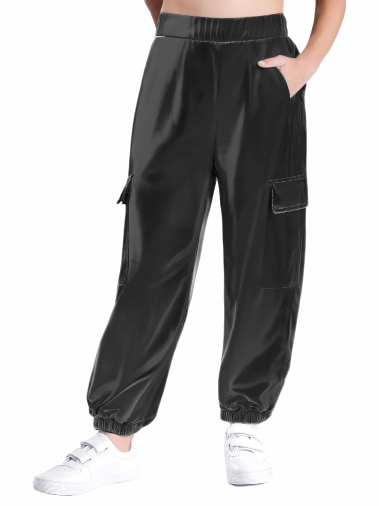 Freebily Pantalones de Cuero Metálico Brillante para Niñas Niños Deportivos Elásticos Jazz Hip Hop Baile