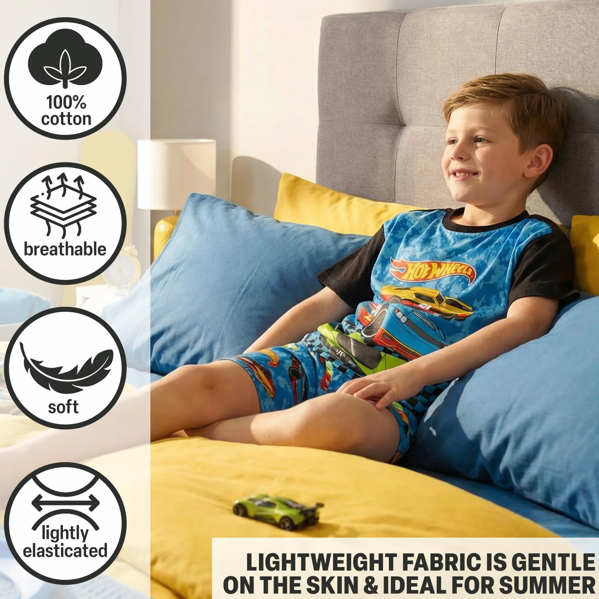 Hot Wheels Pijama Niño 2-6 Años, Conjunto Verano Algodón, Camiseta Manga Corta y Shorts