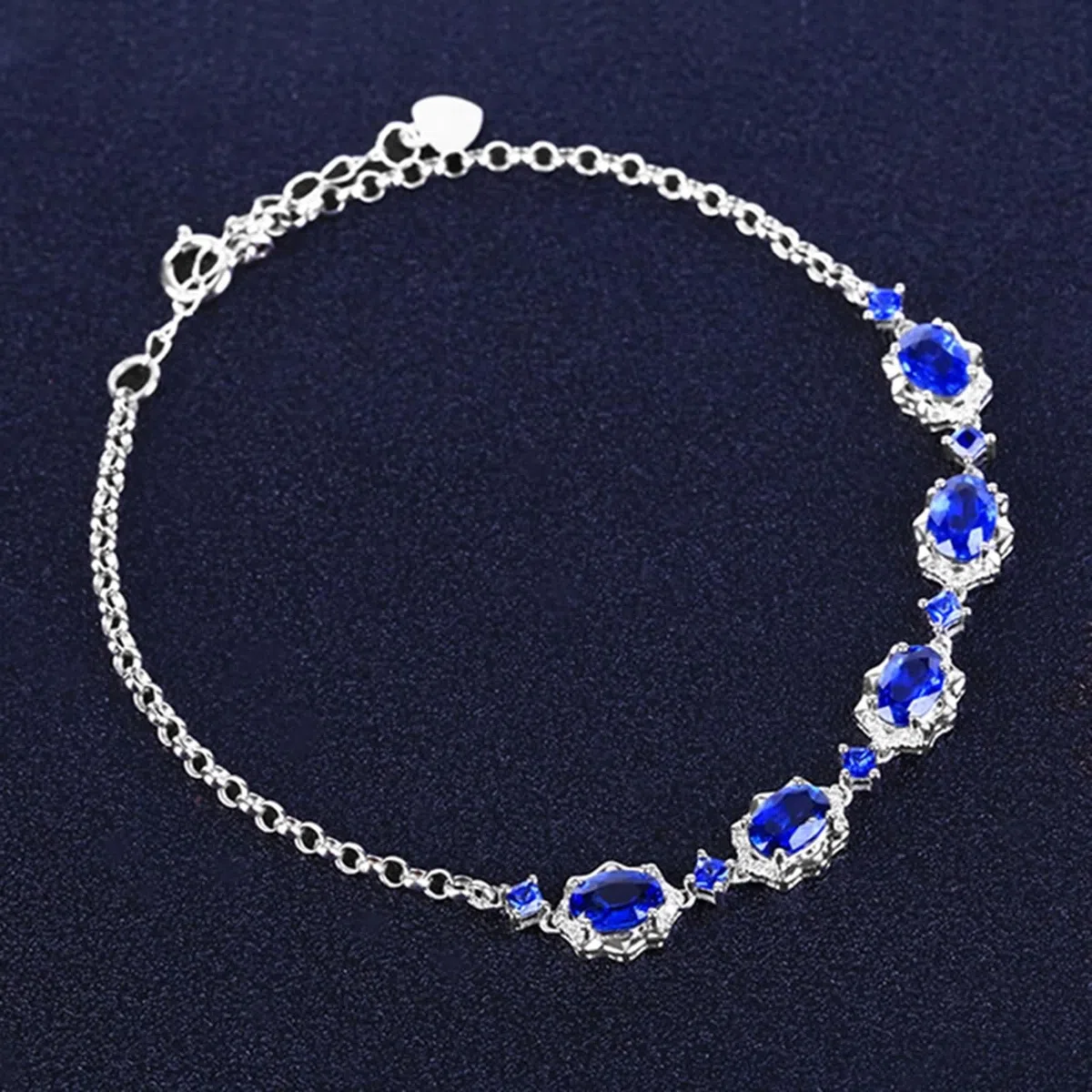 Pulseras Mujer de Oro Blanco 9K / 14K / 18K, Oval con Zafiro Creado de 2,9 ct y Moissanita, Cadena Extensible 16 CM + 5 CM, Pulseras de Plata Azul para Ajustable Mujer