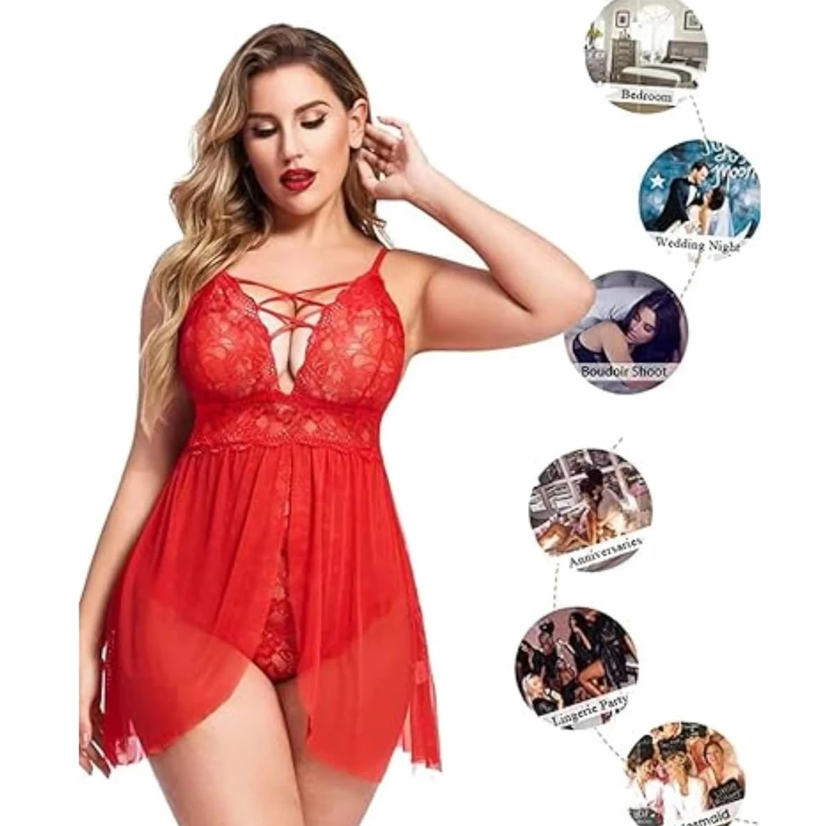 XHYRHTS Babydoll de lencería Sexy de Talla Grande para Mujer, camisón de Encaje, Ropa Interior de negligé, Ropa de Dormir de una Pieza, camisón para Mujer